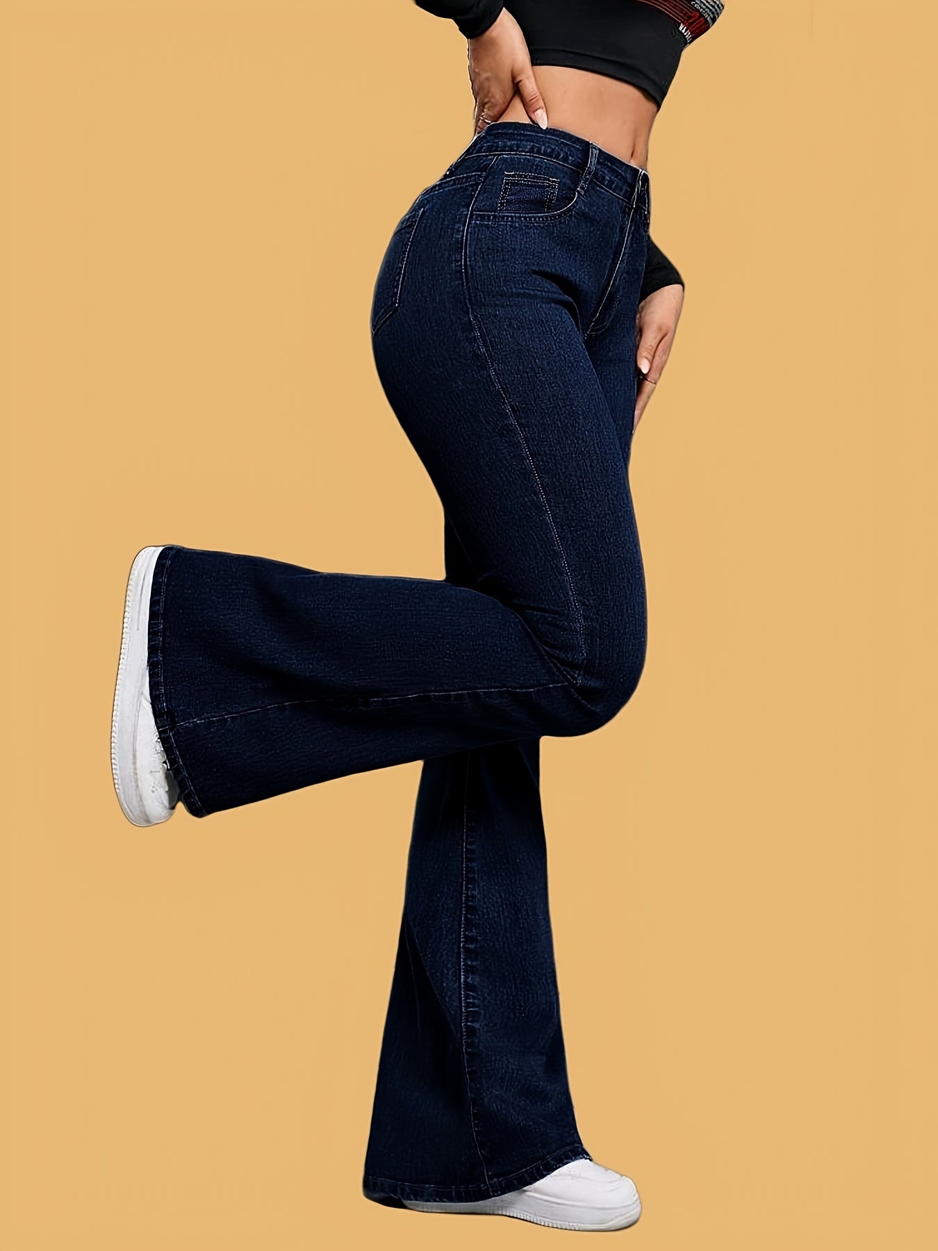 Jeans Femme Taille Haute Évasé Extensible Longueur Totale Boutons Élégant Toute Saison Confortable Polyvalent