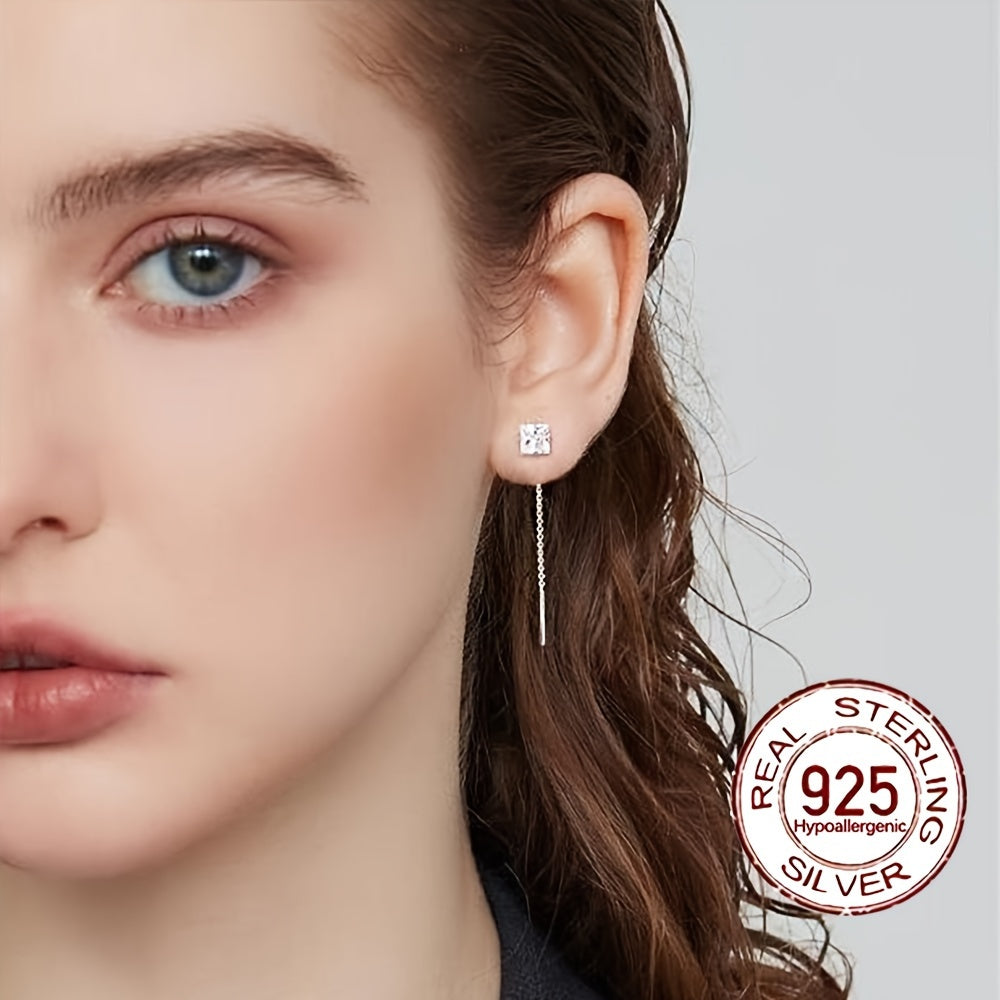 0,6 g S925 argent pur hypoallergénique brillant zircon synthétique combiné avec zircon cubique pendentif longue chaîne fil élégant minimaliste boucle d'oreille piercing