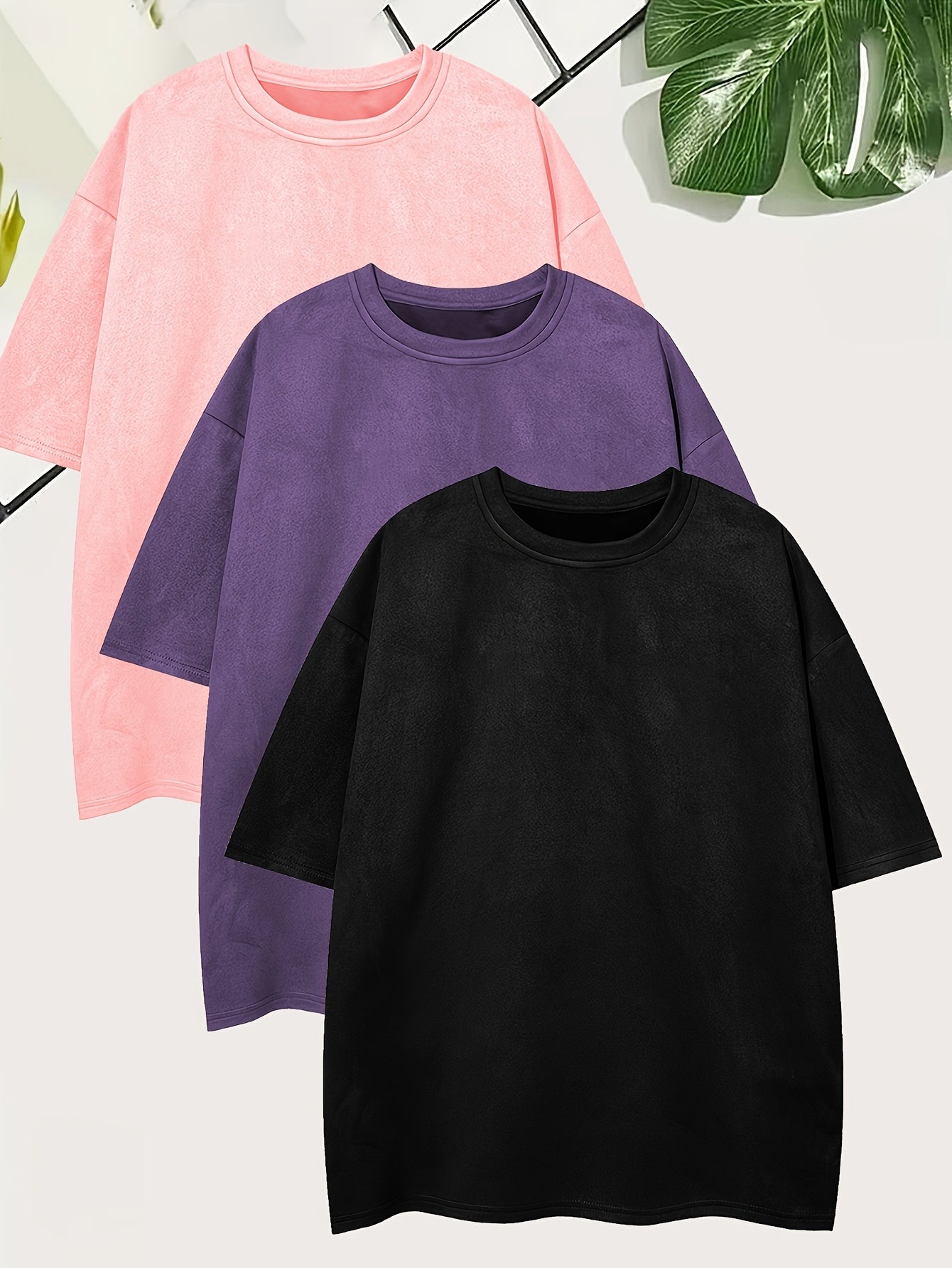 Pearson OBM Men'S Casual Loose Solid Color Faux Suede T-Shirt Set of 3, Short-Sleeve Round Neck Comfortable Tops.