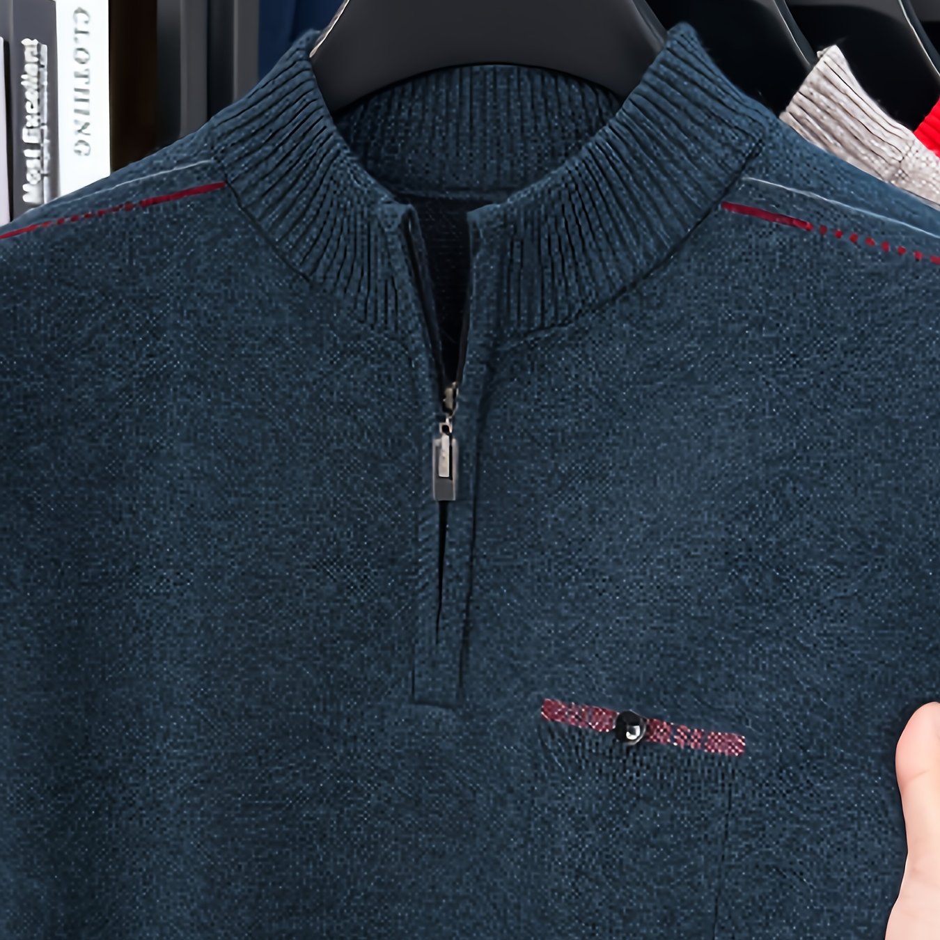 Men's Heavyweight Half-Zip Sweater - Stand Collar Zippered Winter Knit Sweater with Striped Collar & Back Logo, Dark Blue Casual Warm Pullover for Fall/Winter, Versatile Layering for Office & Casual Attire