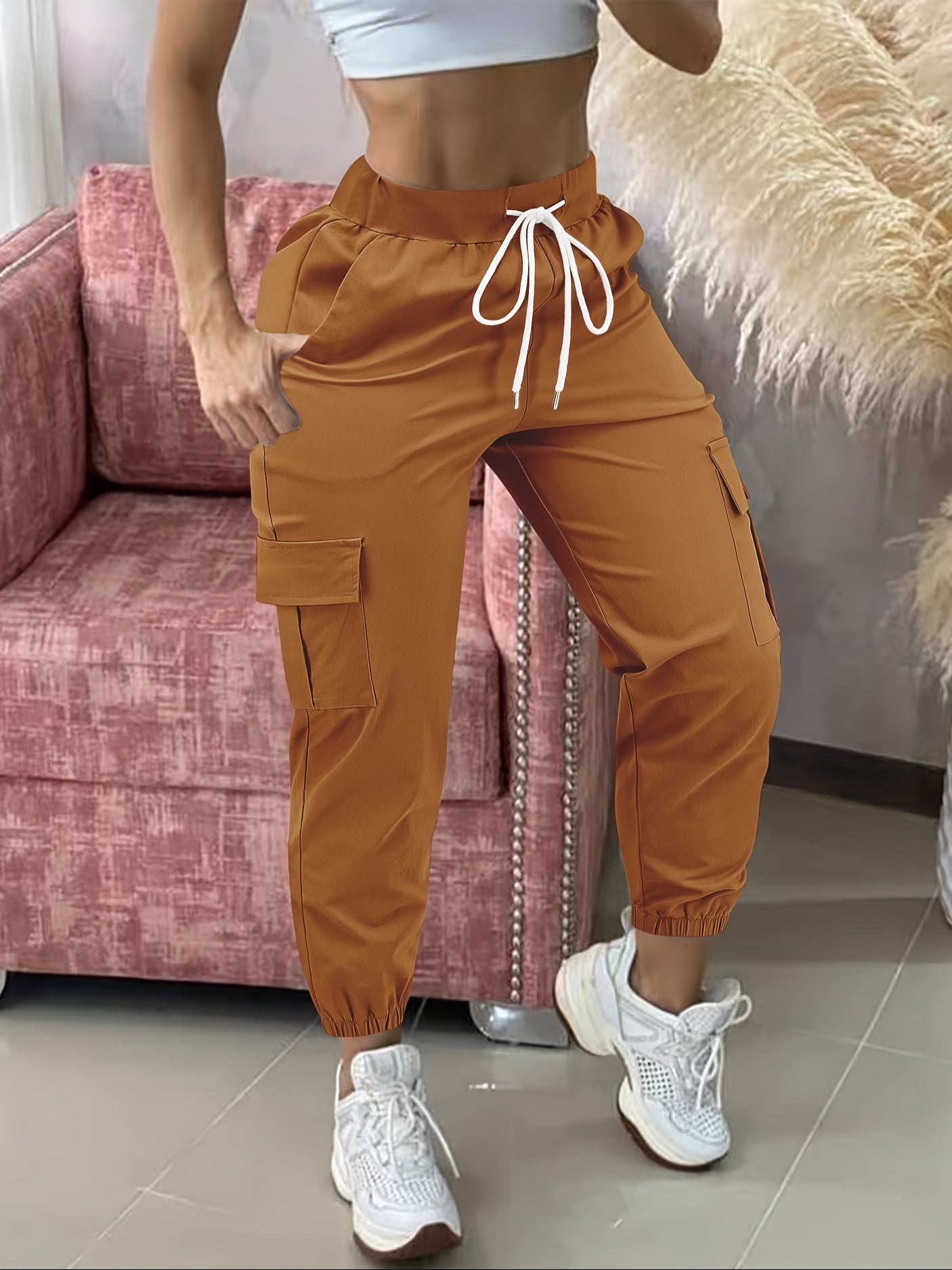 Pantalon Cargo Femme Décontracté – Beige, Taille à Cordon, Multiples Poches, Ourlet Effiloché, Tous Saisons
