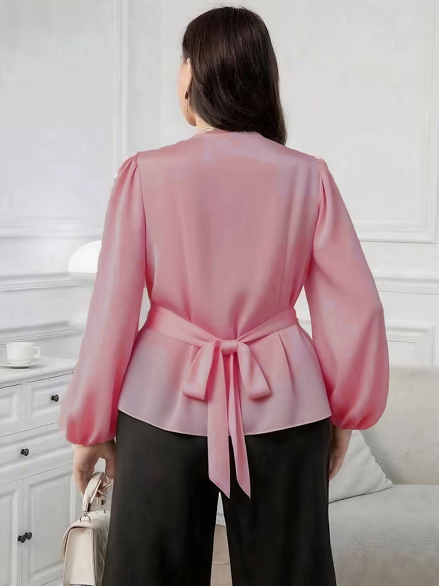 Chemise Femme Grande Taille Élégante – Manches Lanterne, Col V, Ourlet Asymétrique, Sans Extensibilité