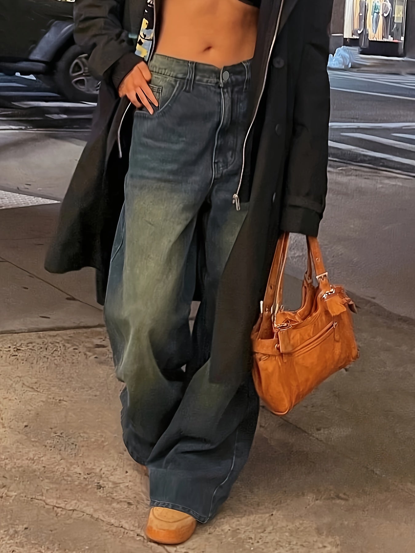 Jeans Femme Style Street Jambe Droite Couleur Unie Rétro Décontracté Longue Toute Saison Non Extensible