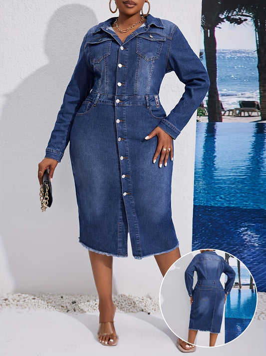 Robe en Jean Femme– Manches Longues, Col Revers, Ourlet Effiloché, Couleur Unie Extensible, Imprimé Plage avec Palmiers et Océan, Idéale Printemps/Été/Automne