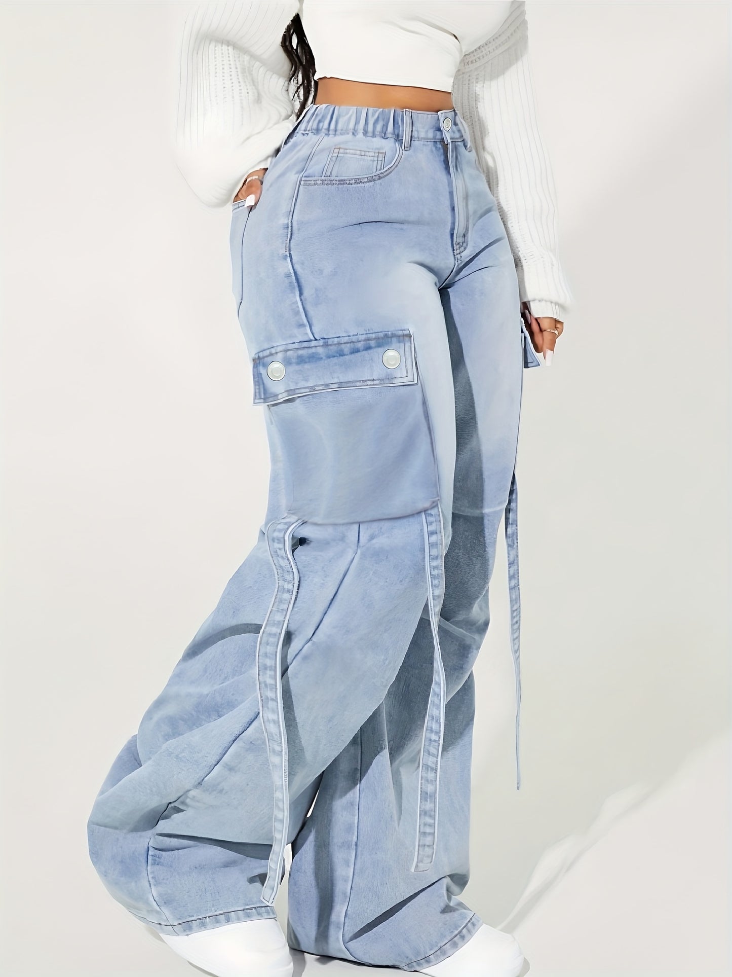 Jeans Cargo Femme Taille Haute – Jambe Large, Extensible, Multiples Poches, Bleu Denim, Style Y2K Streetwear
