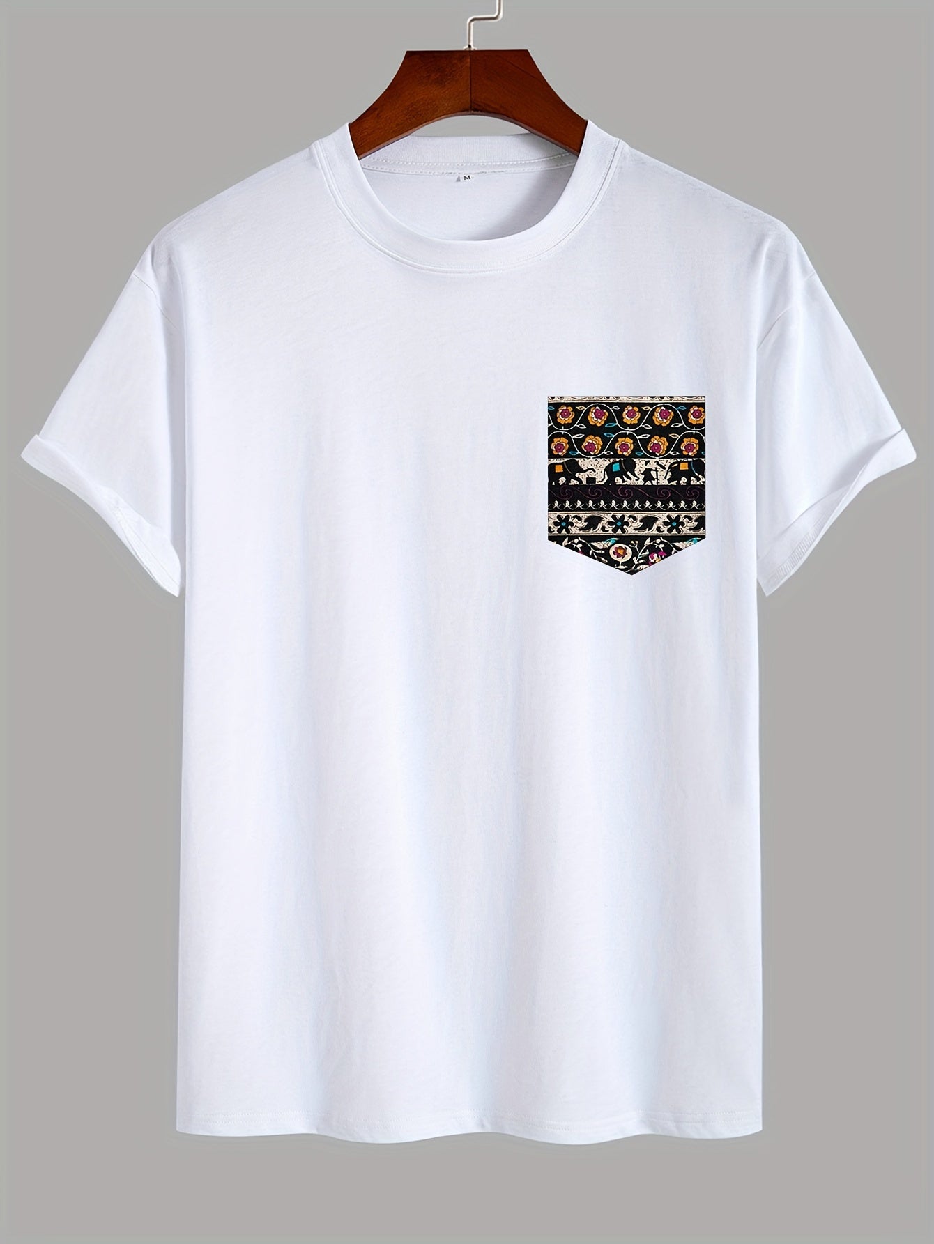 Solid Color Short Sleeve T-Shirt, Ethnic Style Pocketed Tee with Random Print on Pockets, Round Neck Short Sleeve Shirt