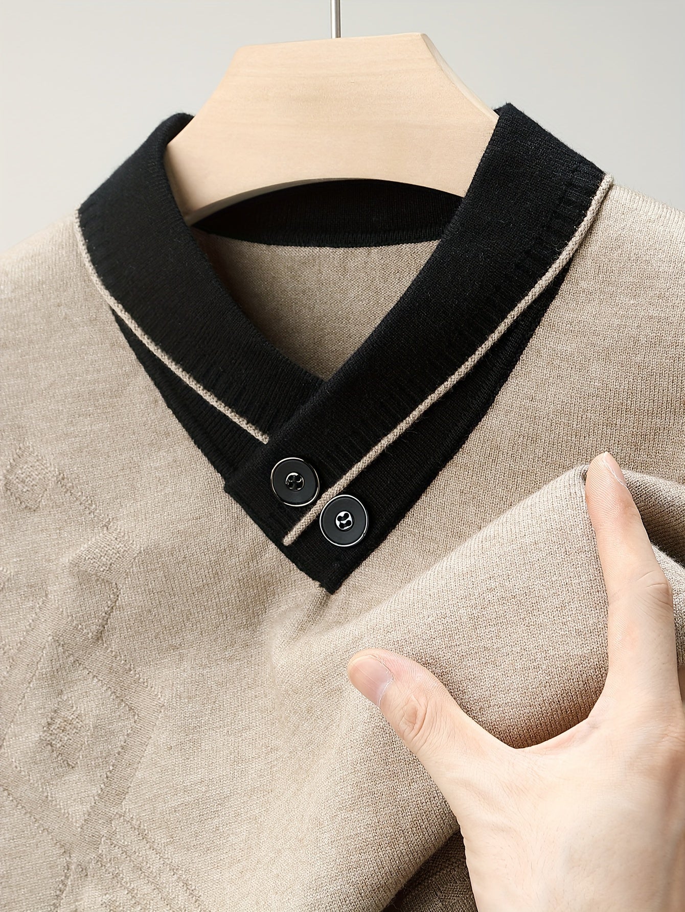 1pc Men'S Winter V-Neck Sweater with Dual Button Detail - Color Block Knit Pullover, Viscose Fabric, Long Sleeve, Regular Fit, Casual Style for Fall/Winter - Soft, Warm, Skin-Friendly Inner Layer, Thick