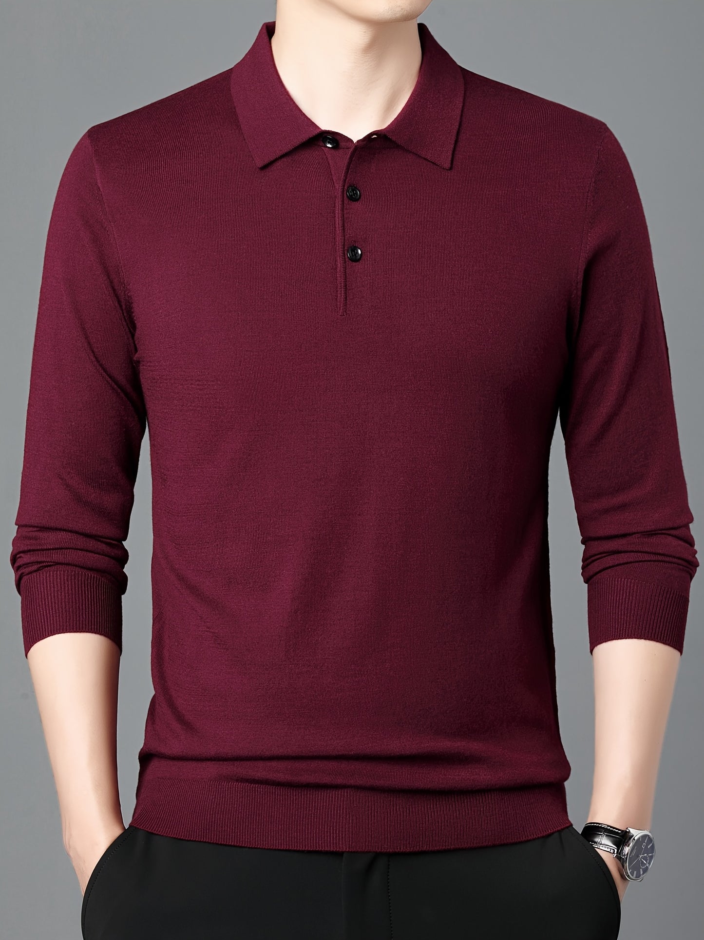 Men'S Slim-Fit Long Sleeve Shirt - Soft Stretchy Knit Button-Front Collar, Solid Color Casual & Formal Tops for Spring/Fall, Office, Party, Everyday - Easy-care Men'S Clothing, Office Attire, Classic Collar, Durable Construct