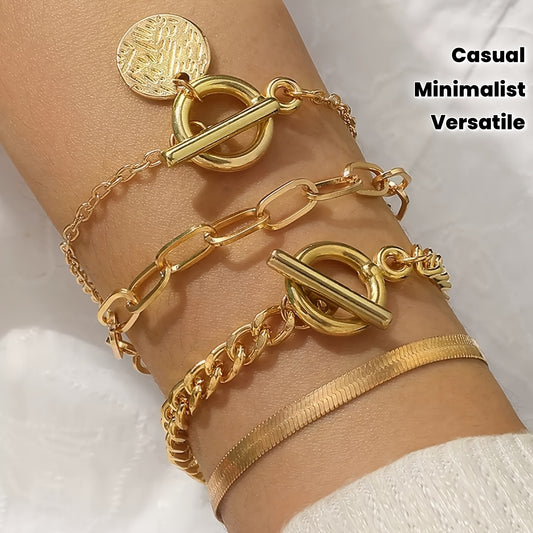 Lot de 4 bracelets femme en chaîne ton or – design minimaliste à maillons entrelacés, multi-couches, empilables, bijoux polyvalents pour tenues décontractées et formelles, style vintage