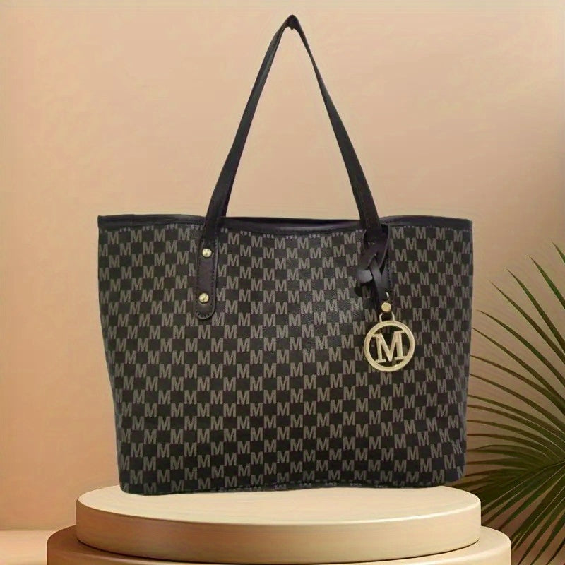 Sac Cabas Femme Vintage – Grande Capacité, Fermeture Éclair, Sac à Main avec Bandoulière Fixe, Design Monogramme Élégant en Marron Café/Noir, Doublure en Polyester, Idéal pour Quotidien