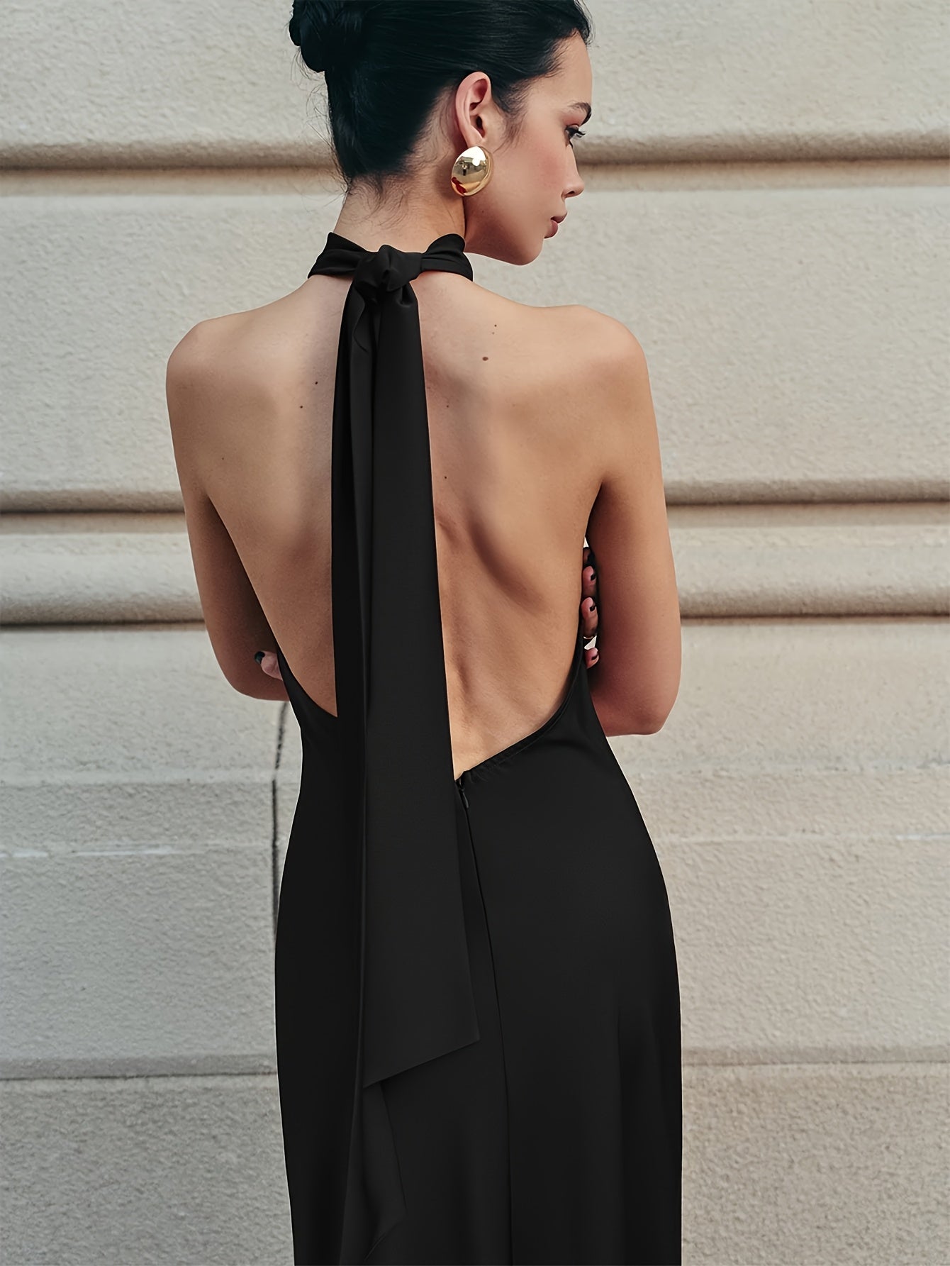 Robe Femme Élégante en Satin — Col Halter, Dos Nu, Sans Manches, Longueur au Sol avec Ourlet Haut-Bas, Parfaite pour Événements Formels et Soirées, Style Sophistiqué, Fini Satiné