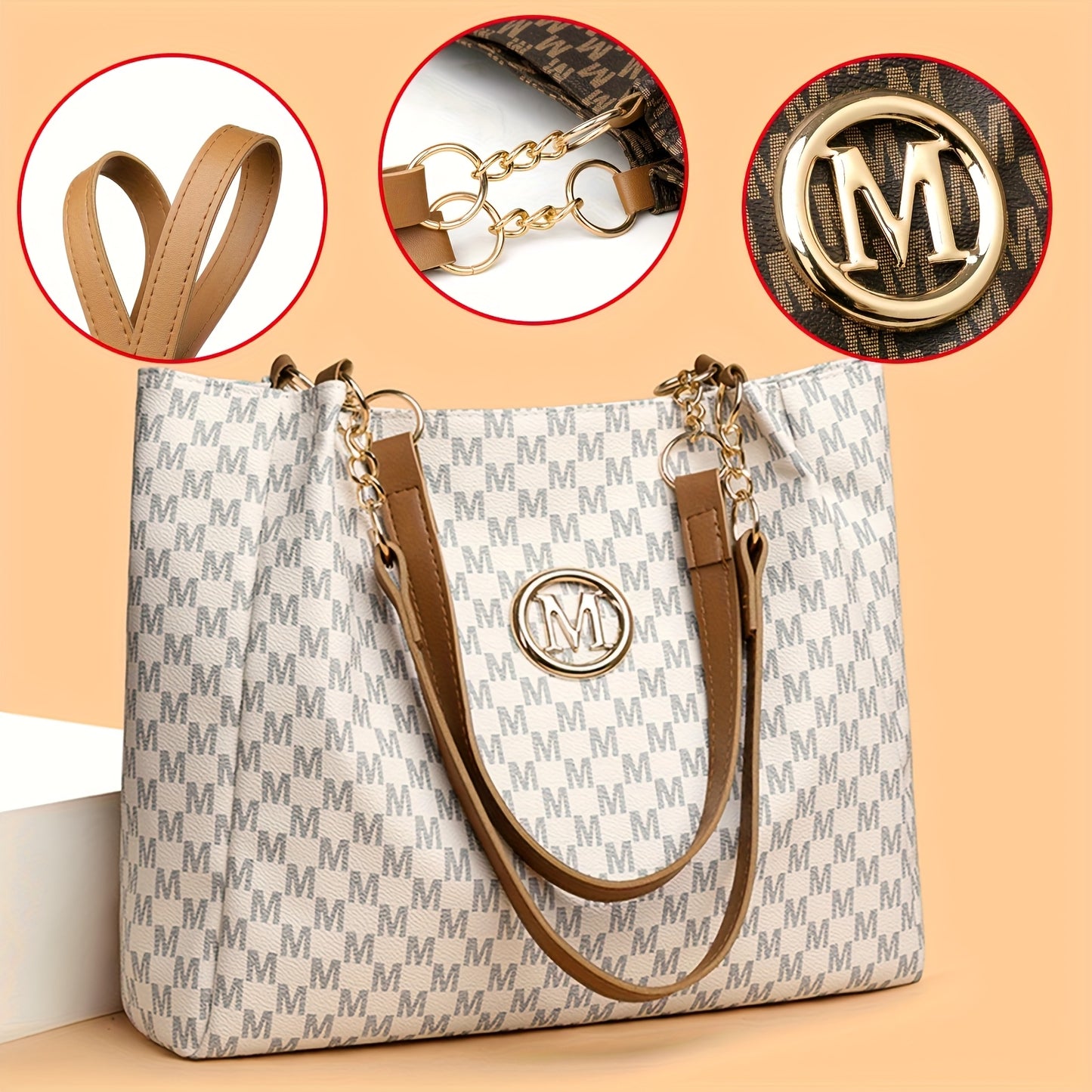 Sac Cabas Femme Élégant et Classique à Monogramme « M » – Grande Capacité, Cuir Synthétique avec Détails Marron, Bandoulières Fixes et Quincaillerie Dorée, Fermeture Éclair, Parfait pour le Travail, Déplacements et Shopping
