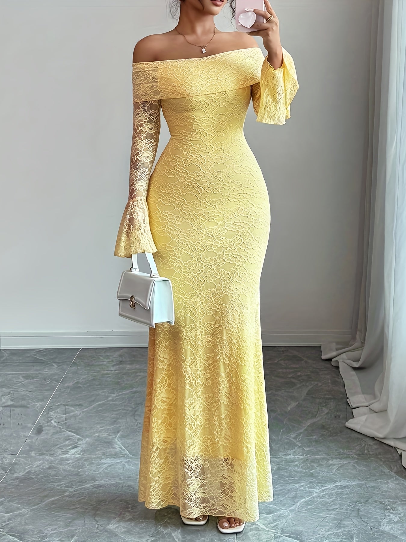 Elegant Off the Shoulder Long Dress with Contrast Lace Details | Women'S Sexy Bell Sleeves and Pendulum Style, Solid Color, Suitable for All Seasons