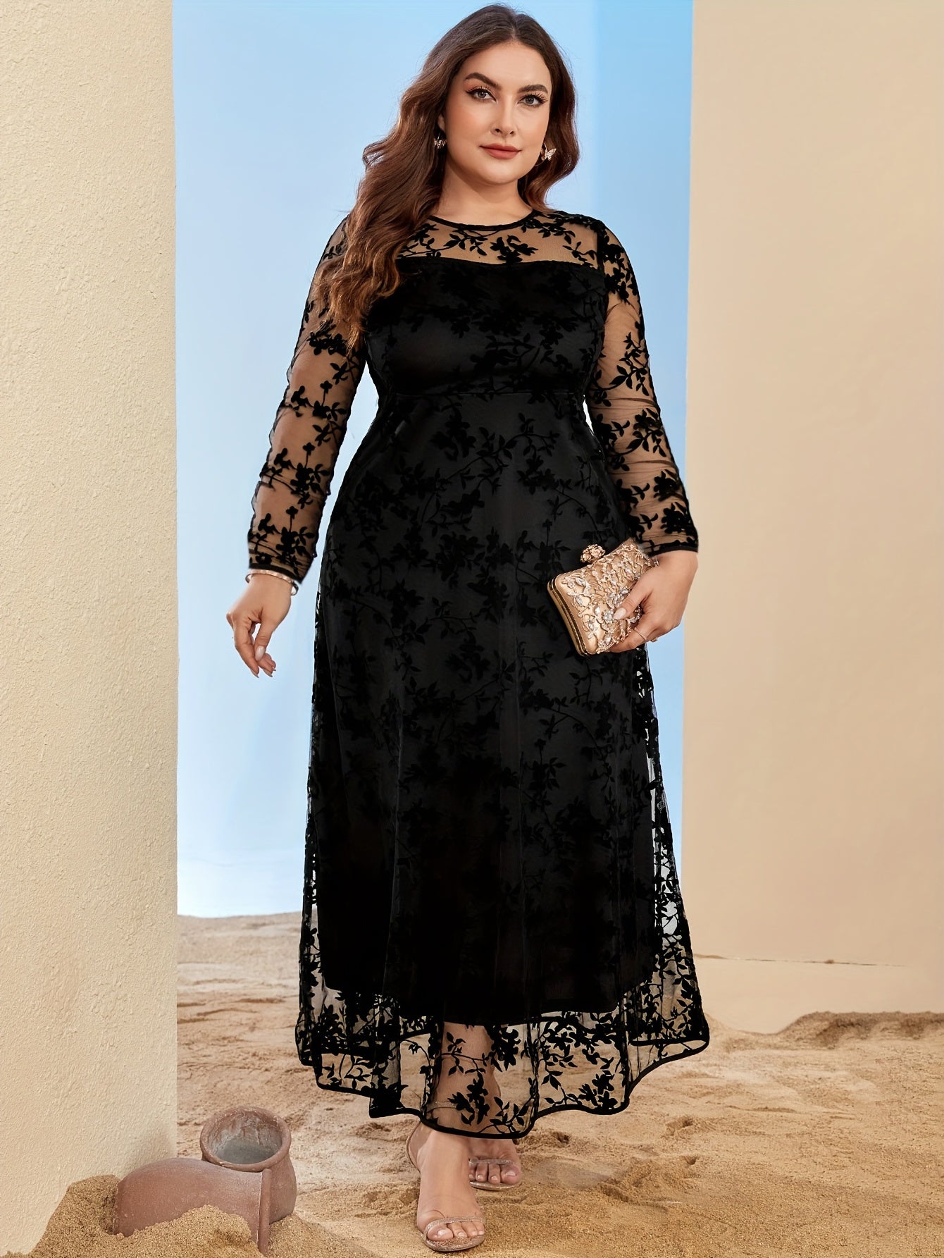 Elegant Plus Size Floral Print Long Sleeve Dress with Netted Hem - Flared Umbrella Skirt, Fitted Top & Flared Hem, All-Season Versatile for Casual & Formal Occasions