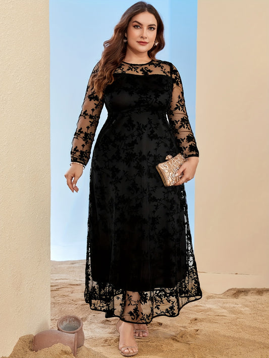 Elegant Plus Size Floral Print Long Sleeve Dress with Netted Hem - Flared Umbrella Skirt, Fitted Top & Flared Hem, All-Season Versatile for Casual & Formal Occasions
