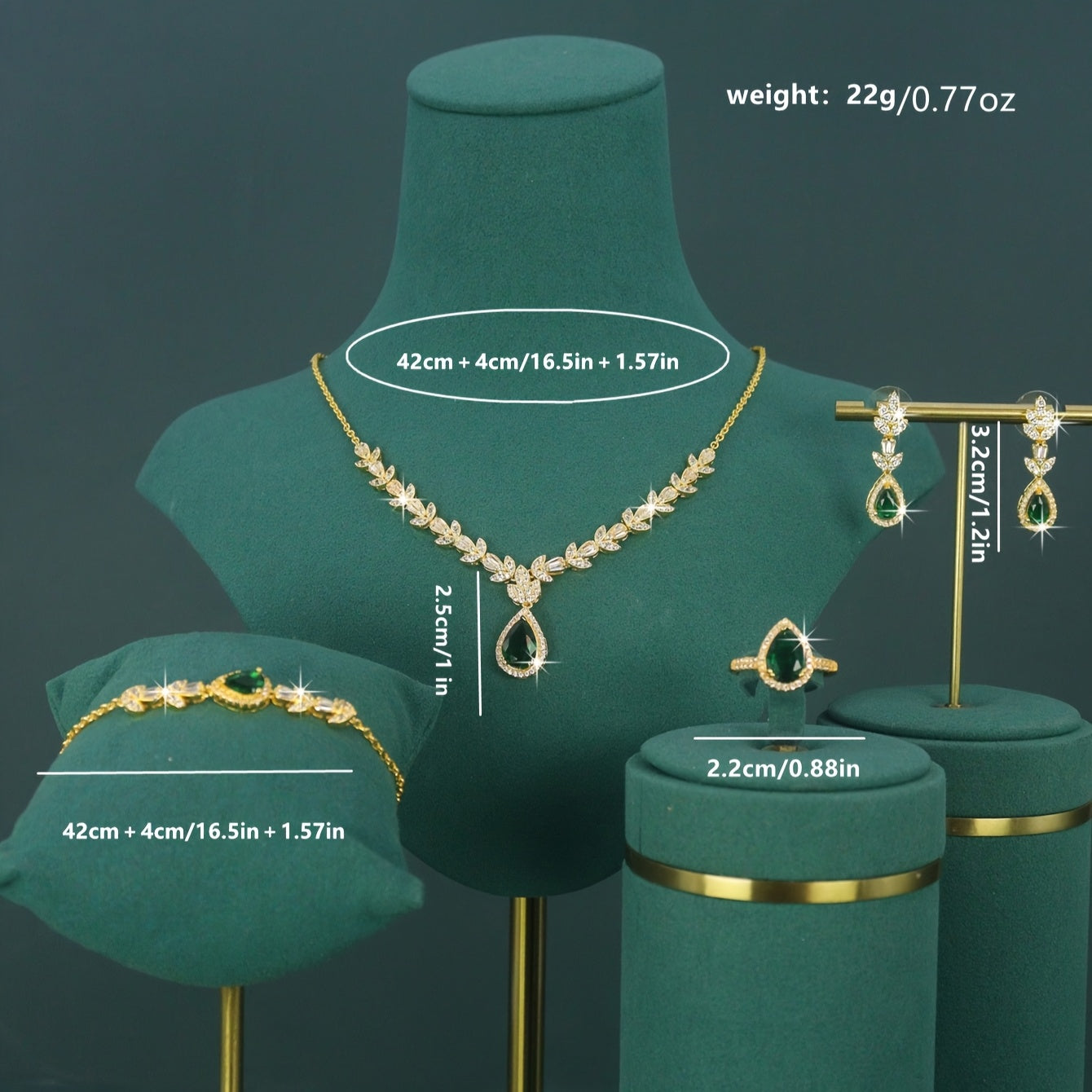 Ensemble mariage luxe 5 pièces – plaqué 18K, style royal moyen-oriental, design goutte, zirconia oxydé 3D vert, rouge et blanc incrusté à la main, comprenant collier, bracelet, boucles d’oreilles et bague, adapté au port quotidien