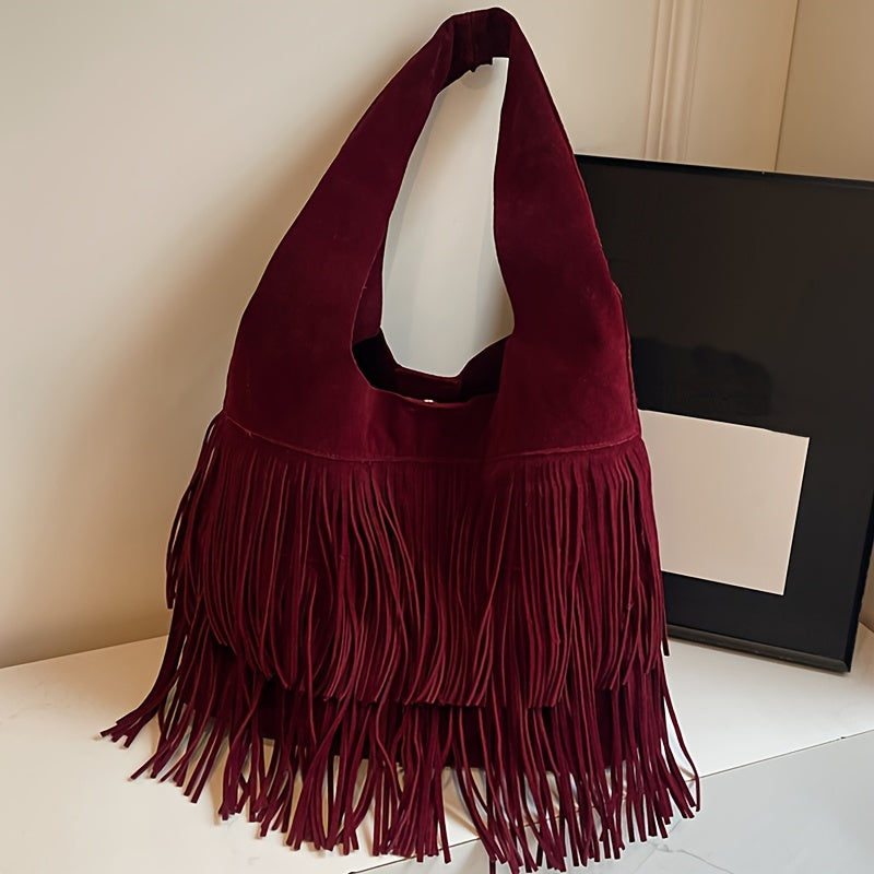 Sac Cabas Femme  Bordeaux à Franges avec Fermeture Éclair et Détails à Franges – Sac à Main Style Tote, Bandoulière Fixe, Sans Fermeture Supplémentaire – Couleurs : Café / Marron / Noir / Bleu Marine / Bordeaux