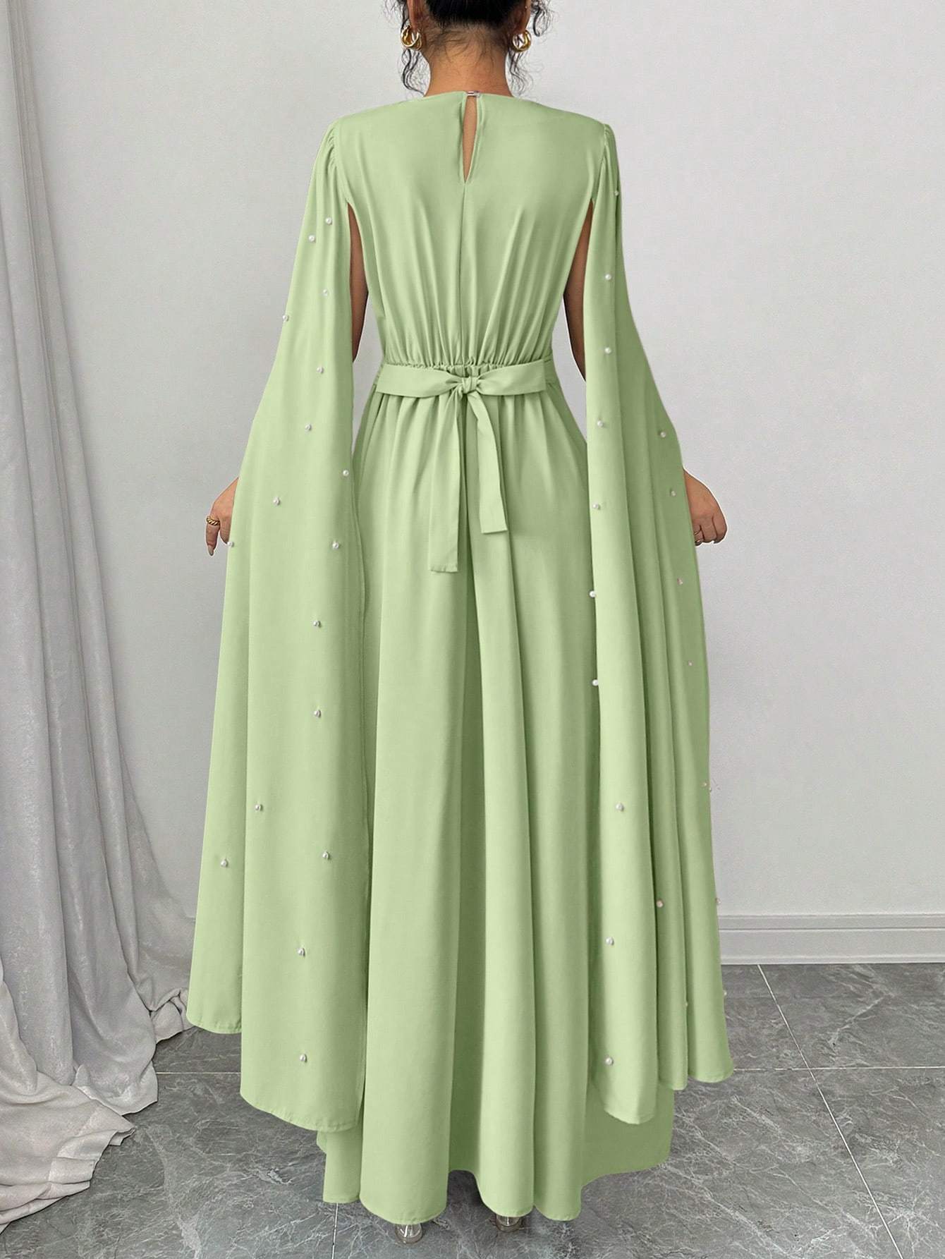 Cloak Sleeve Dress with Pearl Embellishments, Elegant And Fitted, Vintage Style, Evening Gown.