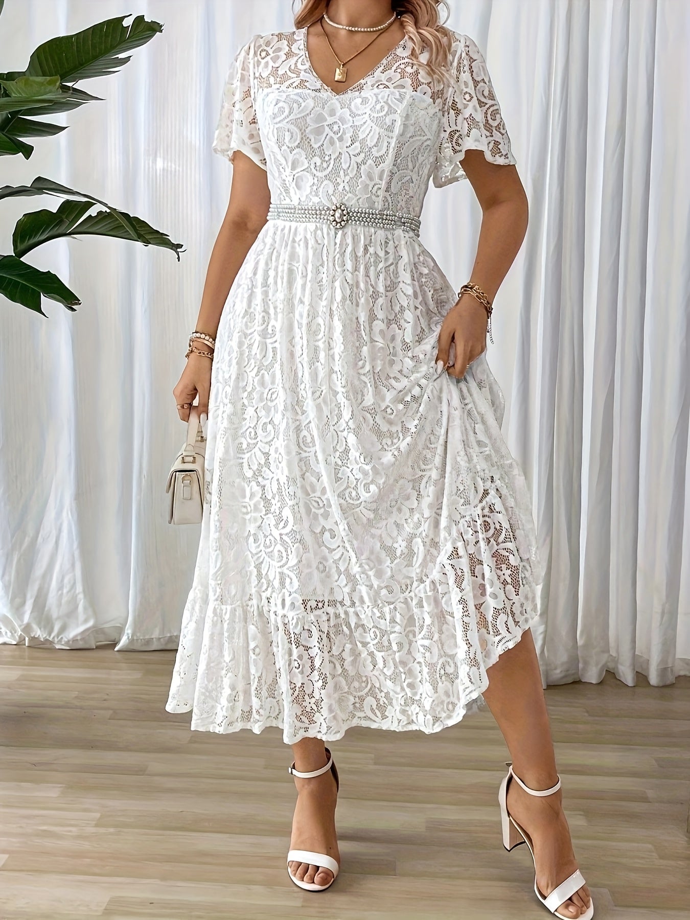 Robe Longue Grande Taille Élégante – Col Dentelle, Bas Smock, Couleur Unie Noire, Coupe A-Ligne, Idéale Soirées, Mariages et Événements Formels, Lavable en Machine