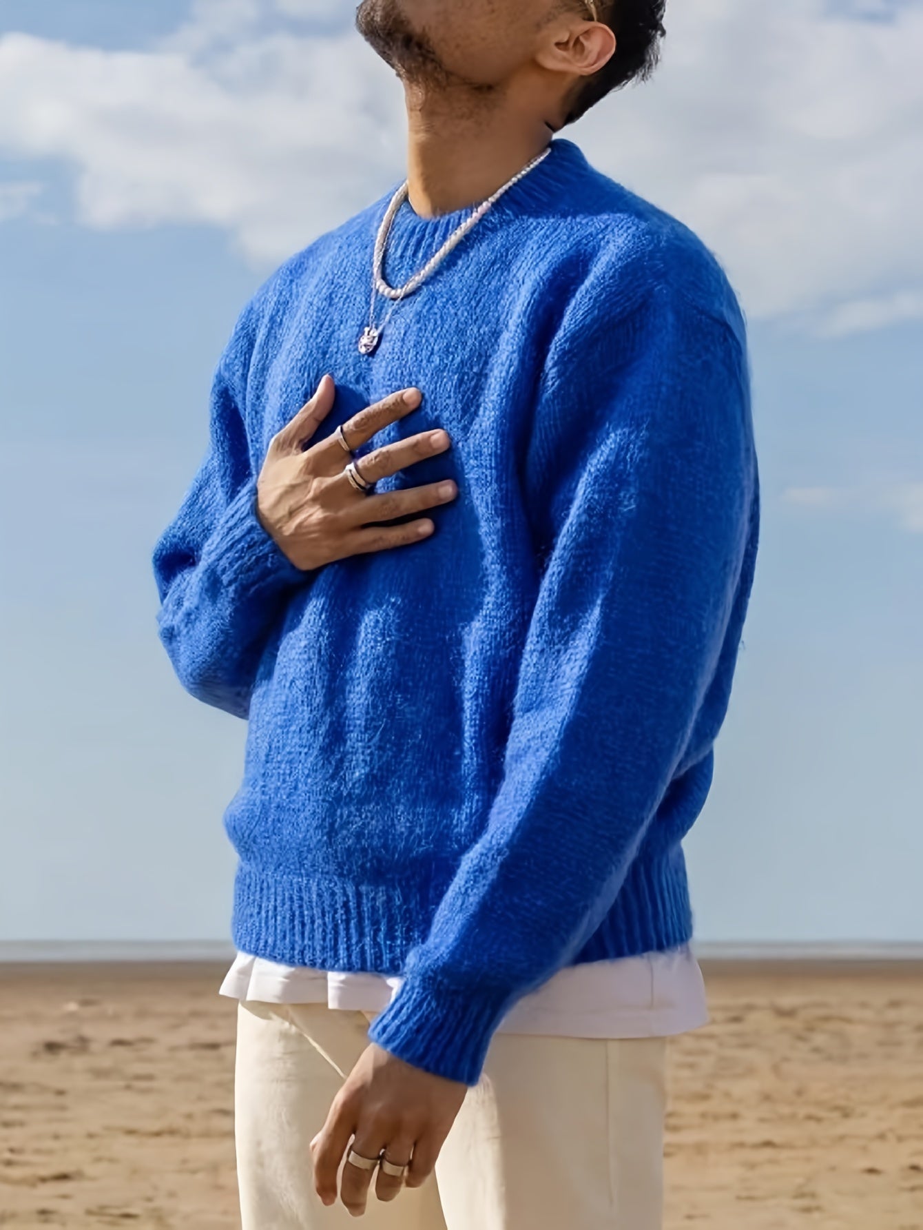 Unisex Casual Knit Sweater - Loose Fit, Long Sleeve, Round Neck, Solid Color Blue, Perfect for Fall/Winter Fashion, Essential for Casual Attire, Ribbed Texture, Machine Washable, Ribbed Sweate