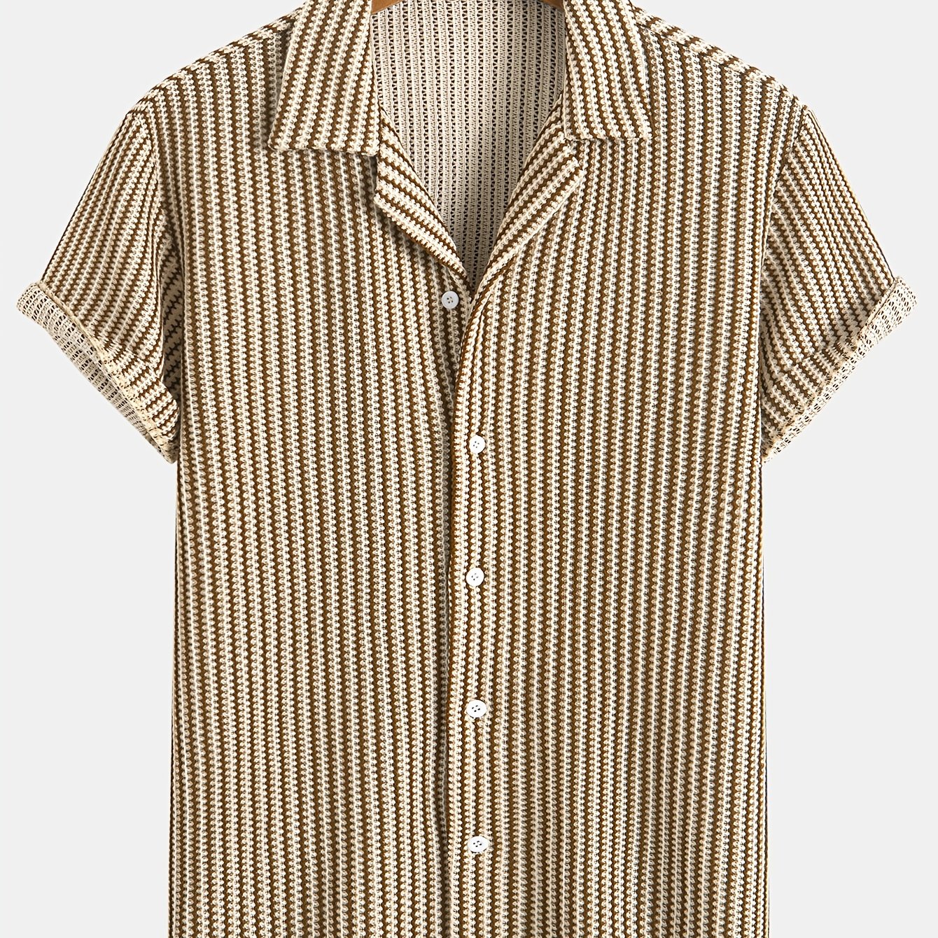 Men's Fashion Classic Personality Beige Brown Interwoven Knit Suit Collar Full Open Button Design, Suitable for Daily Casual Fashion, Simple Outing Commute Street Trend Summer New Short Sleeve Shirt
