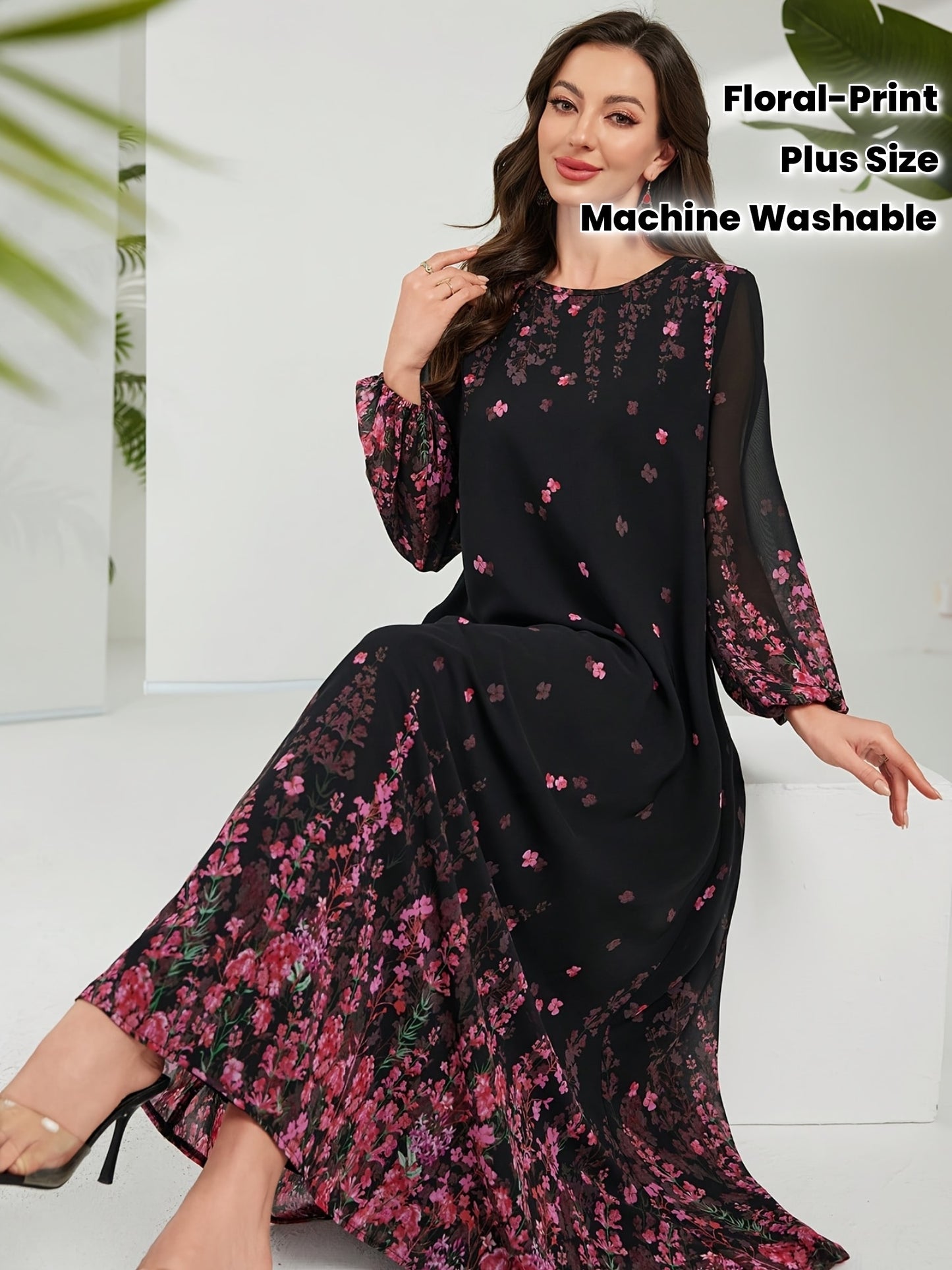 Robe Longue Grande Taille Élégante – Noir avec Imprimé Floral Rose, Coupe A-Ligne Flowy, Idéale Soirées, Bureau et Tenues Décontractées, Lavable en Machine