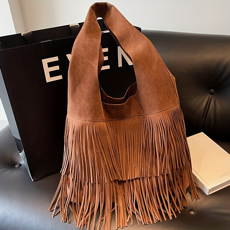 Sac Cabas Femme  Bordeaux à Franges avec Fermeture Éclair et Détails à Franges – Sac à Main Style Tote, Bandoulière Fixe, Sans Fermeture Supplémentaire – Couleurs : Café / Marron / Noir / Bleu Marine / Bordeaux