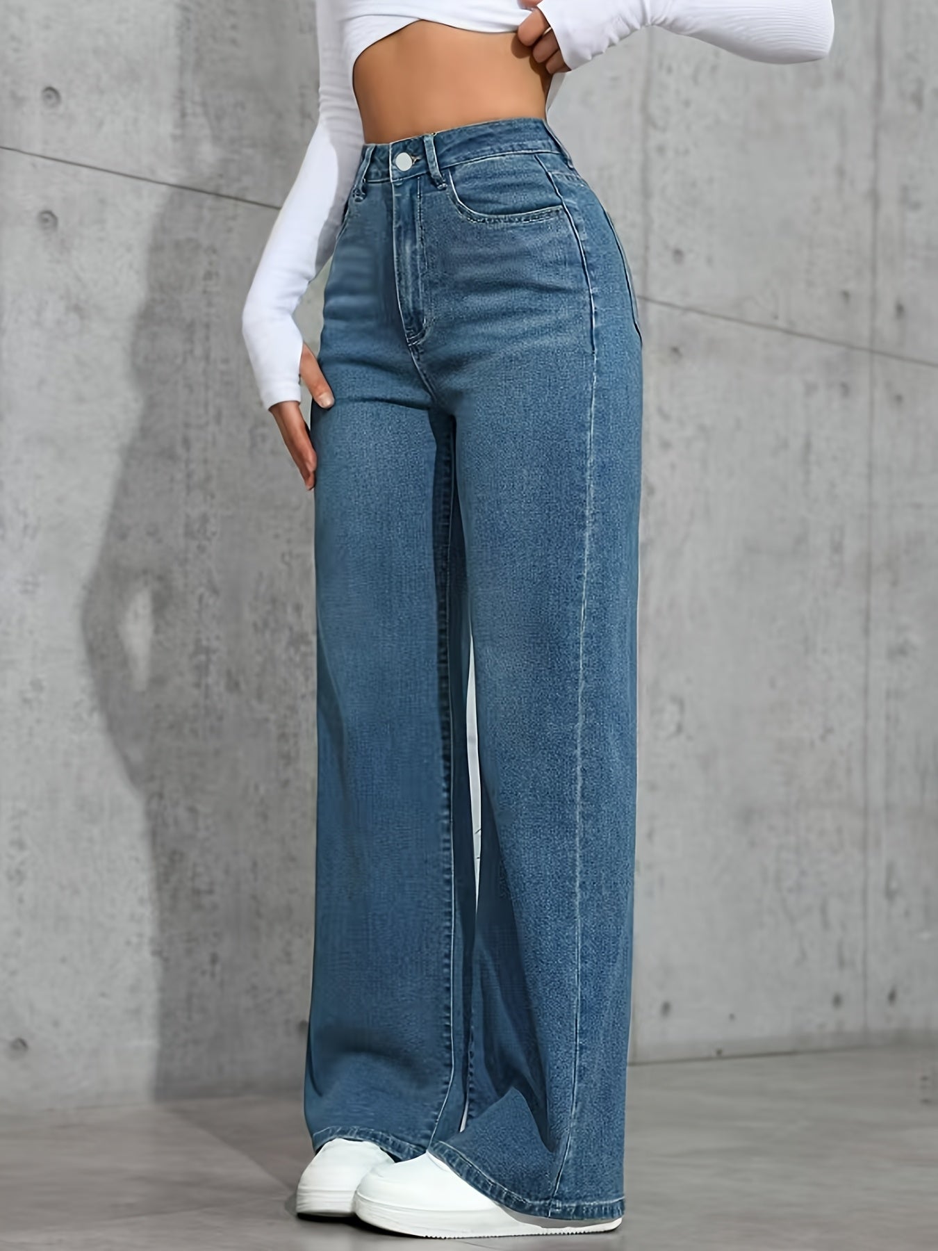 Jeans Femme Bleu – Taille Haute, Extensible, Jambe Droite Décontractée et Polyvalente