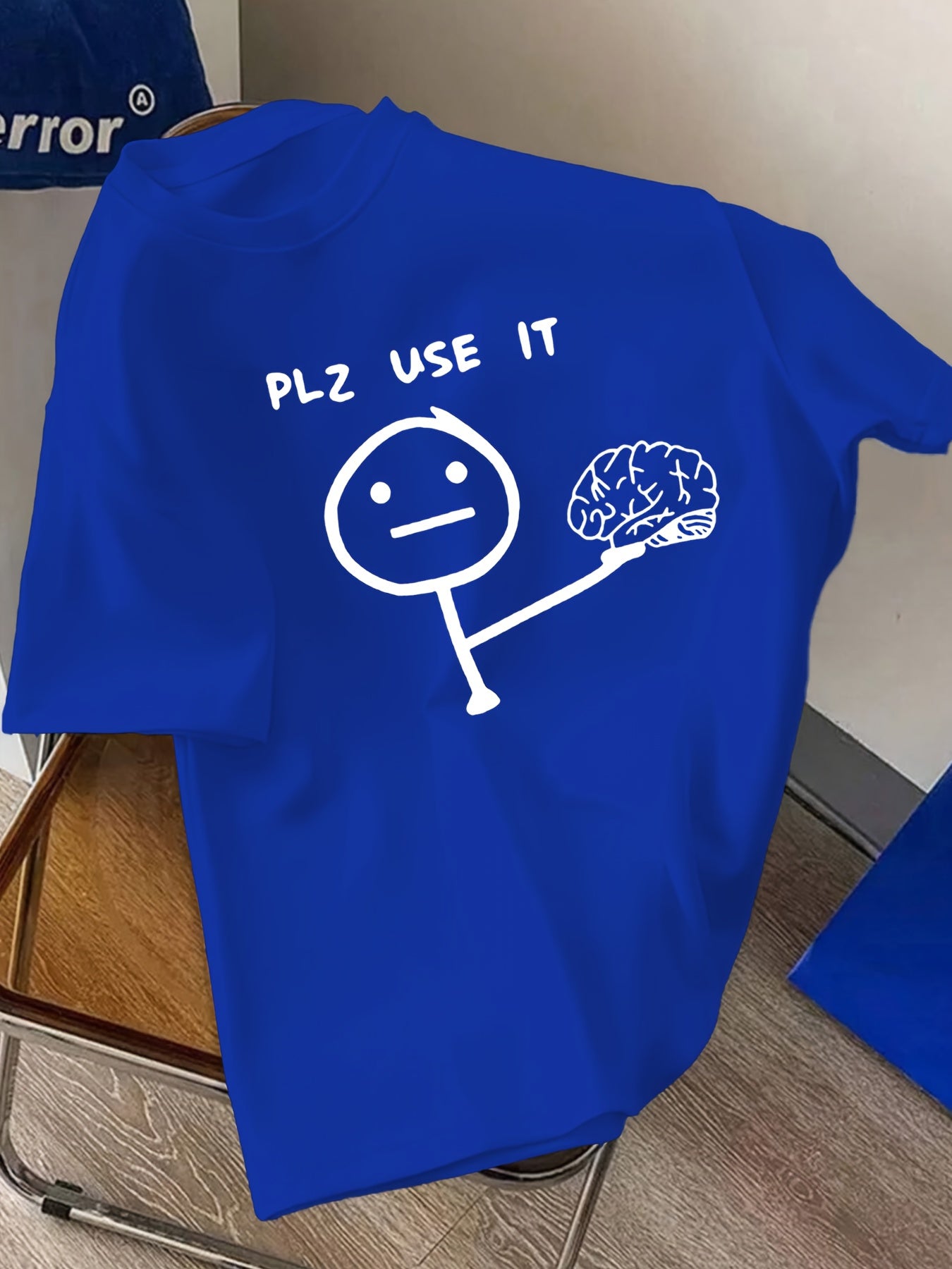Men'S Funny Graphic T-Shirt - "PLZ USE IT" with Stick Figure & Brain Design - Royal Blue Crew Neck Tee - Lightweight Summer Shirt for Everyday Casual Wear - Funny Conversation Starter Apparel for Men, Humorous Clothing, Playf