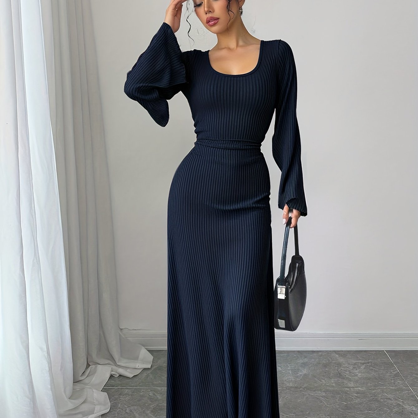 Robe Maxi Traditionnelle Femme Élégante – Couleur Unie, Manches Bouffantes, Nœud au Dos, Silhouette A-Ligne, Col Rond, Longue, Idéale Événements Formels