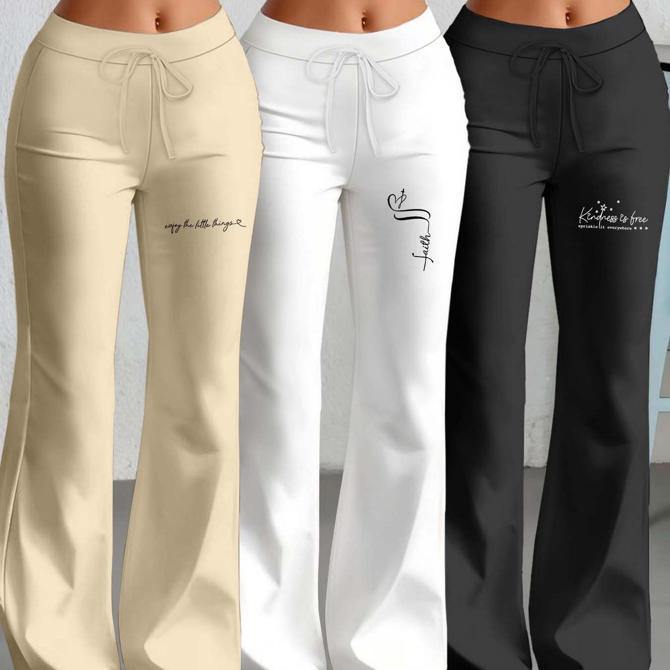 Lot de 3 Pantalons Femme Européens et Américains – Jambe Droite Évasée avec Texte Anglais Classique