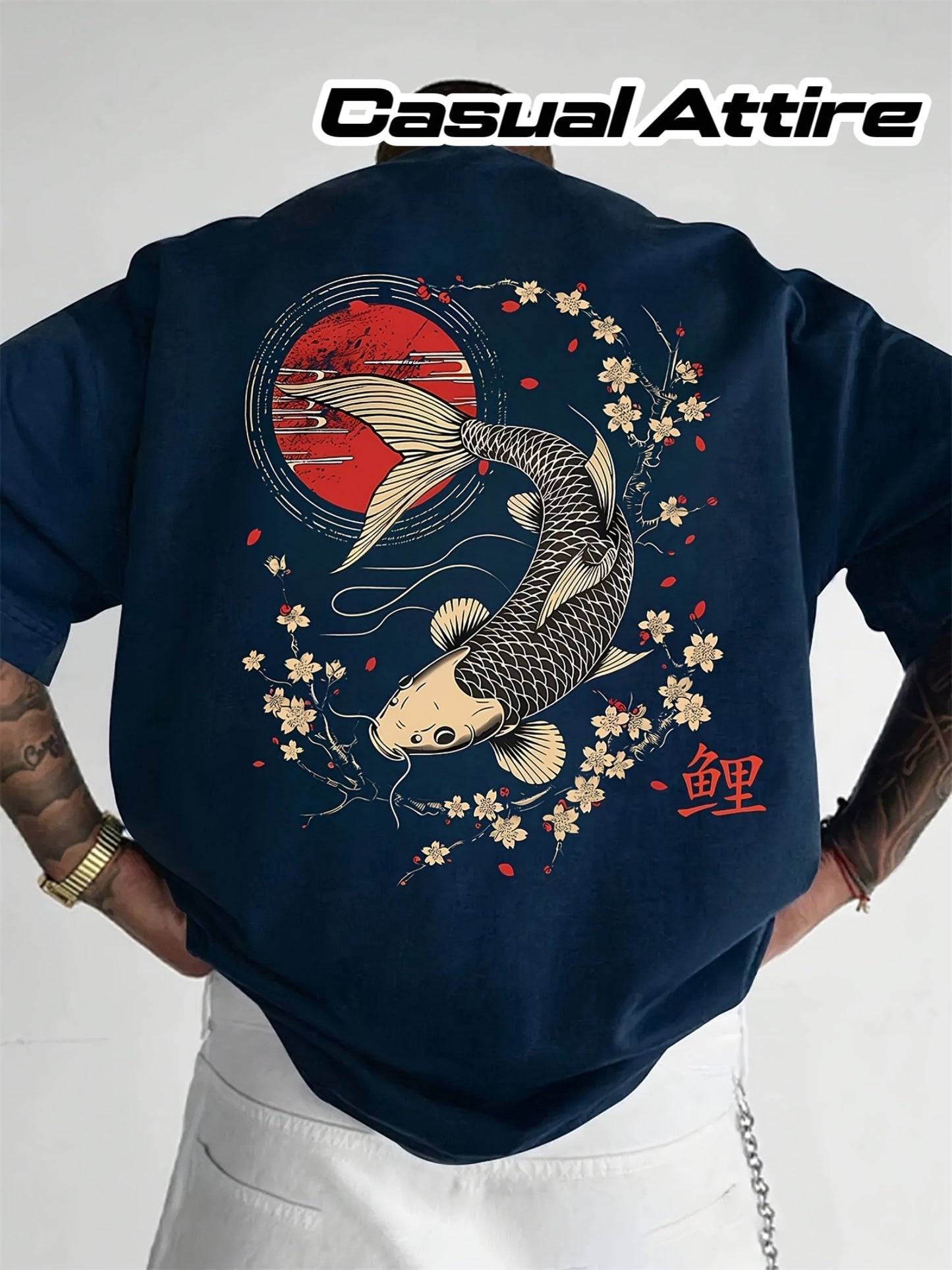 100% Print Men'S Pure Retro T-Shirt with Koi Fish & Cherry Blossom Design, Round Neck Short Sleeve Casual Tee, Regular Fit for Casual Attire, XZ005-S, Relaxed Fit, Leisure Clothing, Vintage Style, Graphic Tee, Soft Fabric, Br