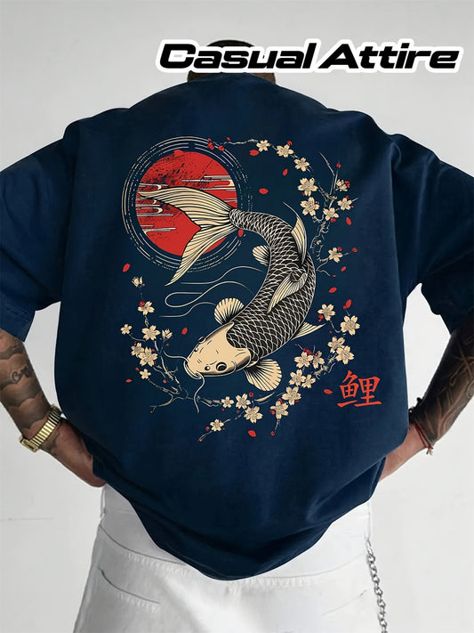 100% Print Men'S Pure Retro T-Shirt with Koi Fish & Cherry Blossom Design, Round Neck Short Sleeve Casual Tee, Regular Fit for Casual Attire, XZ005-S, Relaxed Fit, Leisure Clothing, Vintage Style, Graphic Tee, Soft Fabric, Br