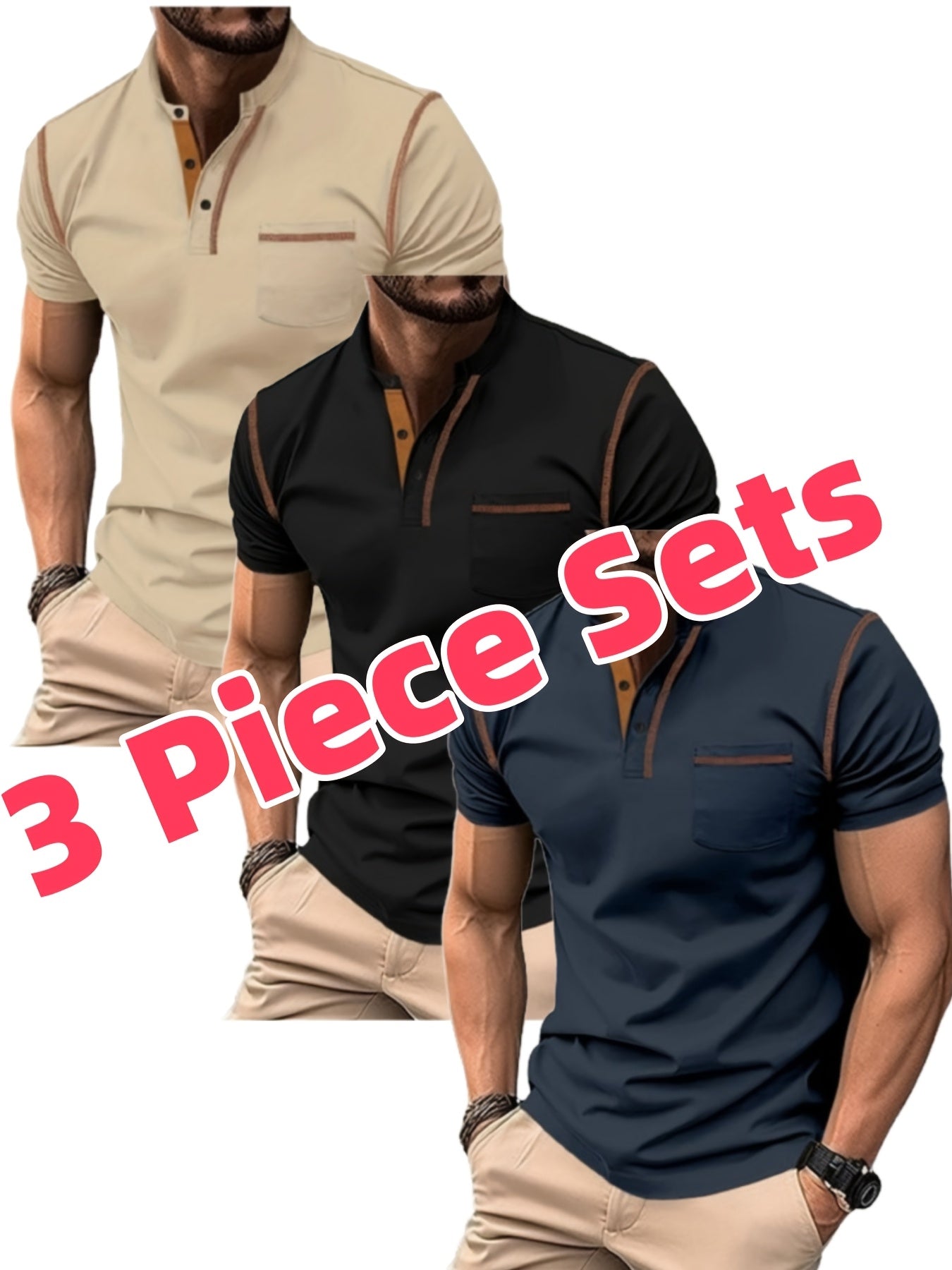 Lot de 3 Henley Manches Courtes – Tops Casual Golf & Tennis