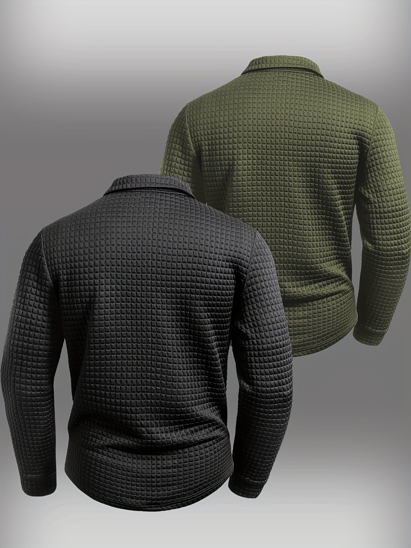 Two Long-Sleeve Polo Shirts with a Digital Print Fabric Featuring a Random Check Pattern, Non-Positioned Plaid Design, Square Check Texture Fabric, Stylish Casual Wear for Everyday Outfits.
