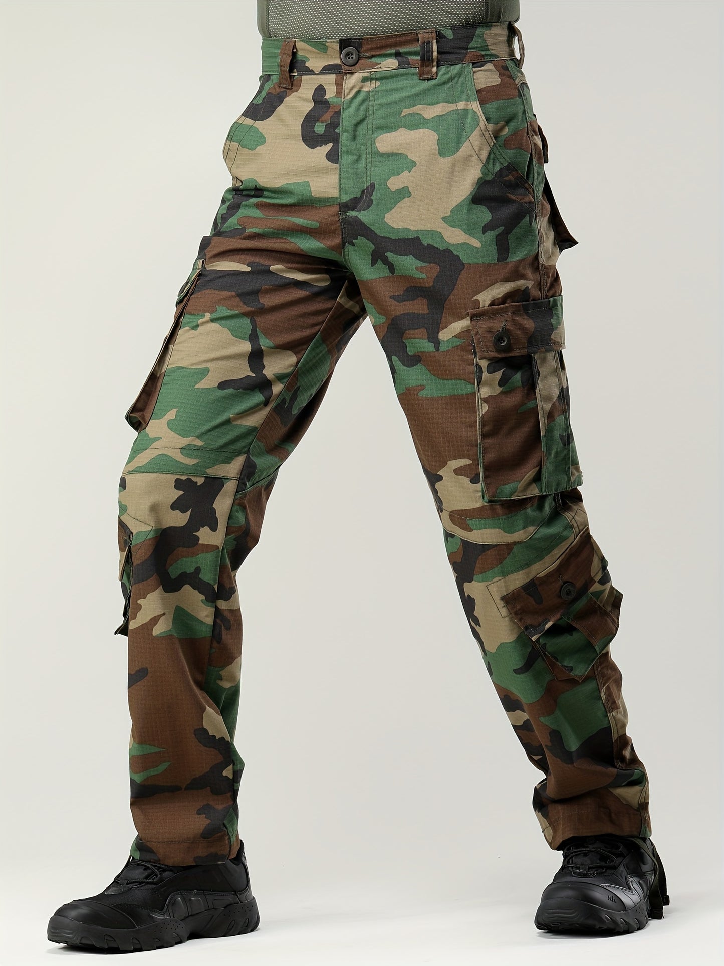 Pantalons Travail Homme – Cargo Tactiques, Multipoches, Anti-Rayures, Loose Fit, Outdoor, Marron/Vert/Noir