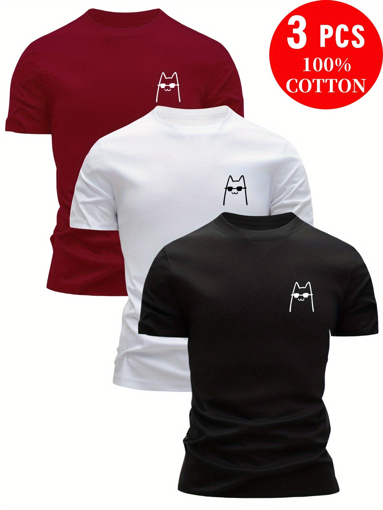 3pcs 100% Cotton T-Shirts, Funny Summer Casual Top for Men with Cartoon Cat Design, Leisure Clothing, Relaxed Fit, Cartoon Print, Playful Design, Cotton Fabric, Comfortable Fit, Short Sleeve Tee, Fitted Shirt, Casual Wearers,