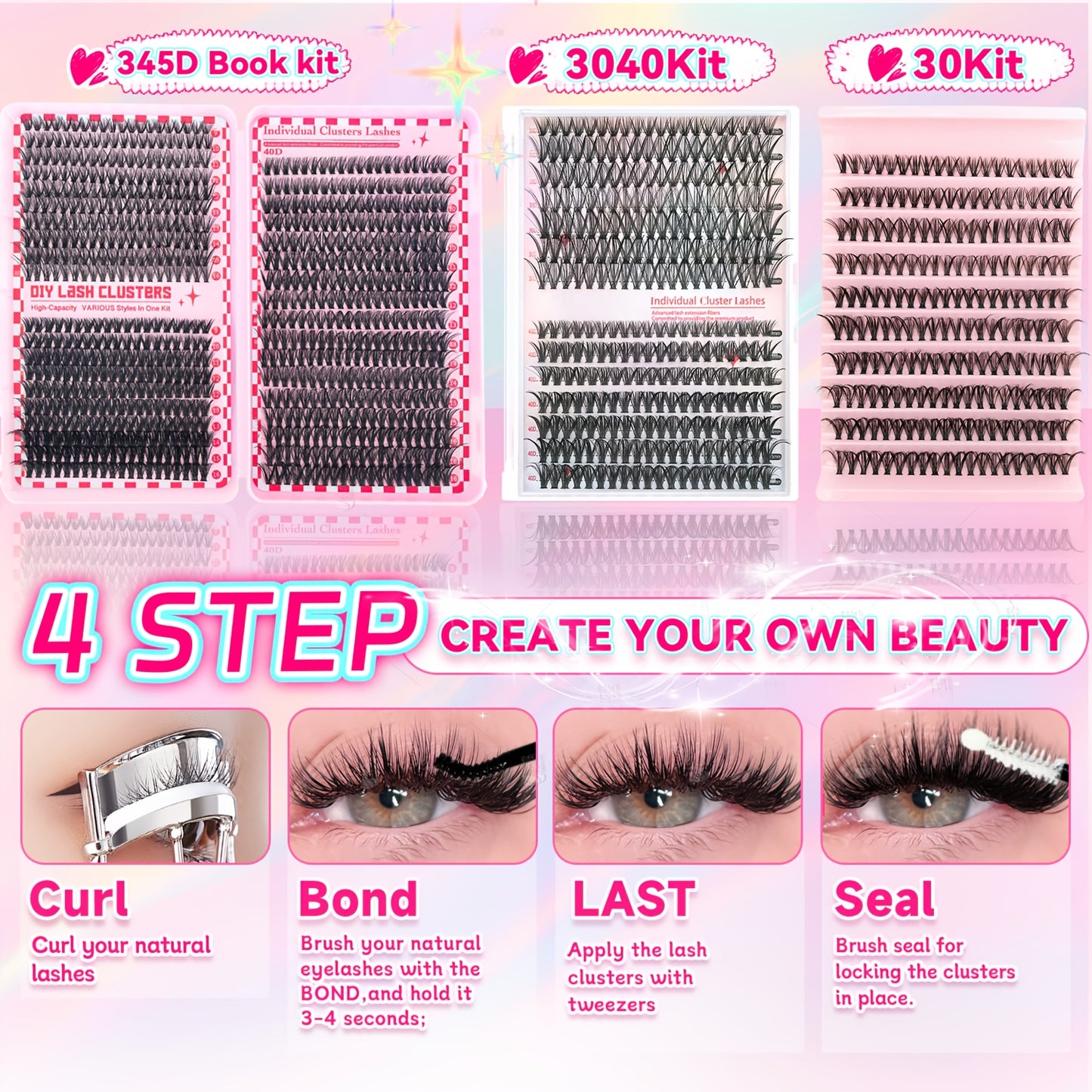 Set de Cils DIY pour Femme – 37 Rangées (740 pcs) / 14 Rangées (280 pcs) / 10 Rangées (200 pcs), Cils Individuels 8-16 mm, Inclus Brosse à Cils, Style Hybride, Parfait pour DIY Débutants à la Maison, Réutilisable