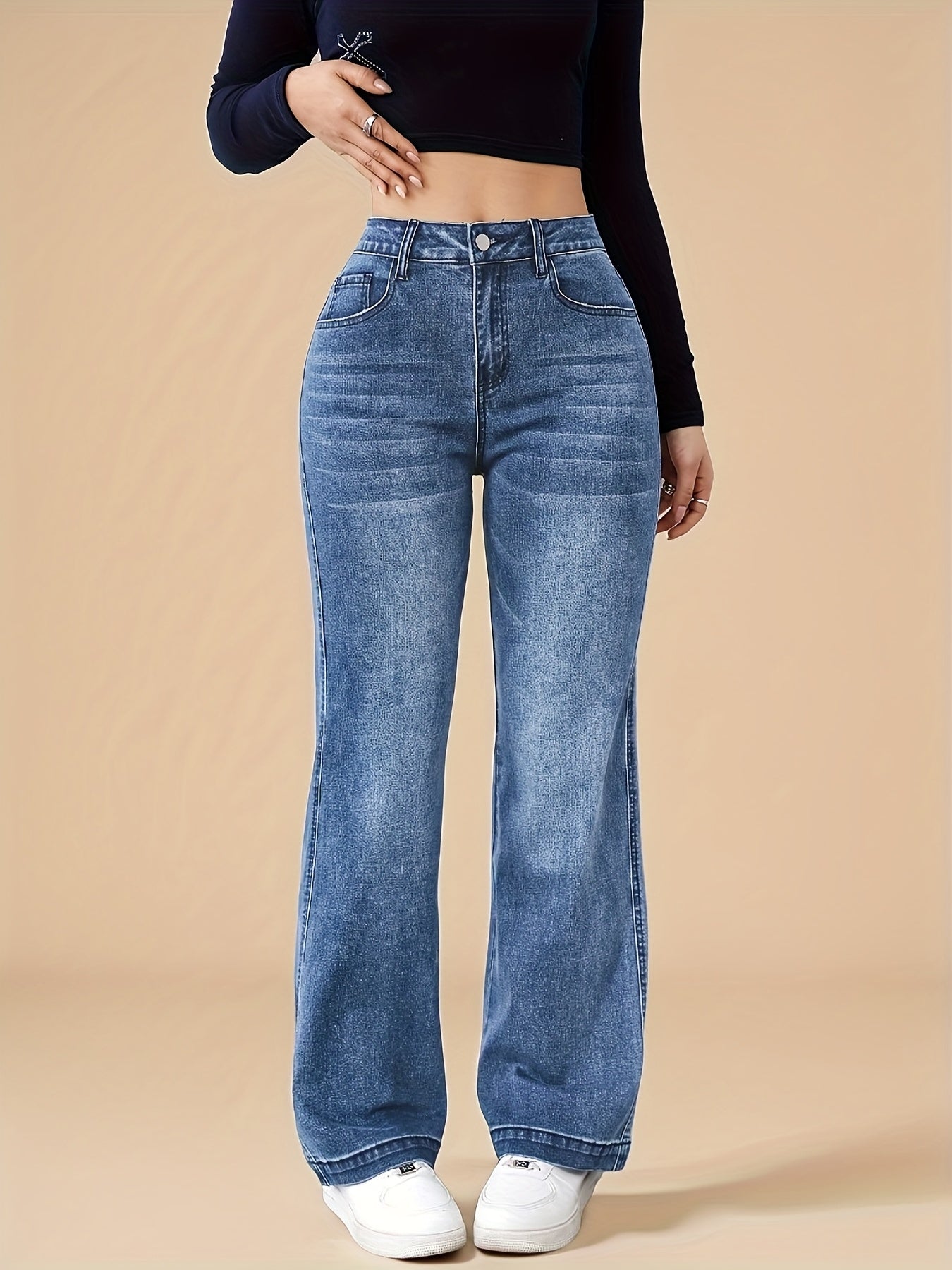 Jean droit stretch pour femme, pantalon décontracté bleu avec poches, confortable et élégant en toutes saisons, lavable en machine