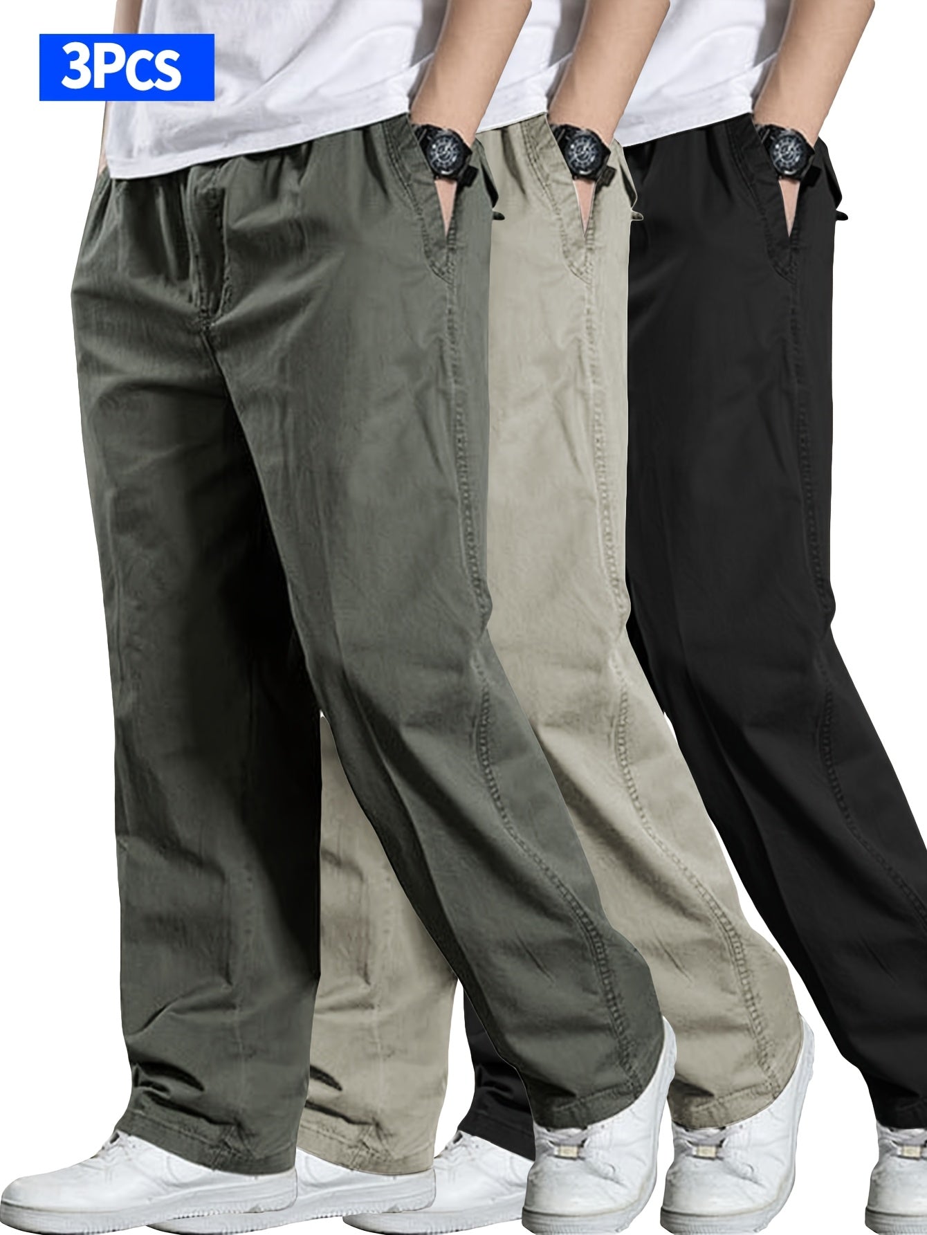 Lot de 3 Pantalons Cargo Homme – Taille Élastique à Cordon, Coupe Ample, Couleurs Unie, Poches, Printemps/Automne