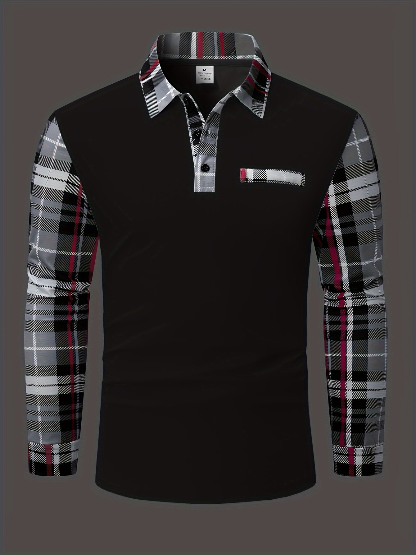 Men's Casual Plaid Long Sleeve Shirt with Chest Patch - Polyester, Button-Up Collar for Spring/Fall