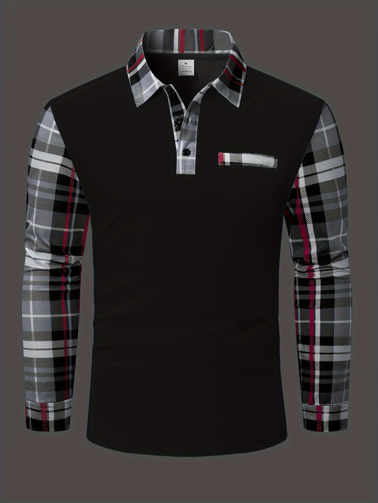 Men's Casual Plaid Long Sleeve Shirt with Chest Patch - Polyester, Button-Up Collar for Spring/Fall