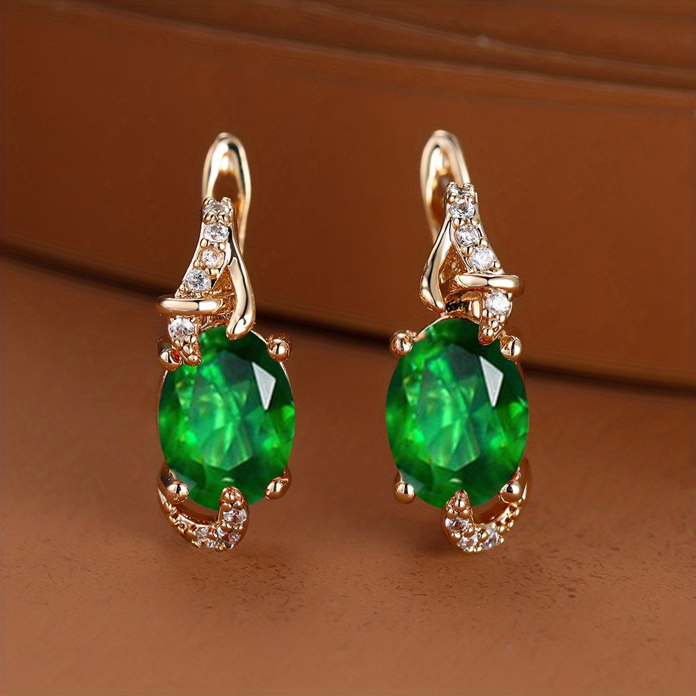 Boucles d'Oreilles Plaquées Or 18K – Pierre Colorée Taille Ovale, Style Élégant