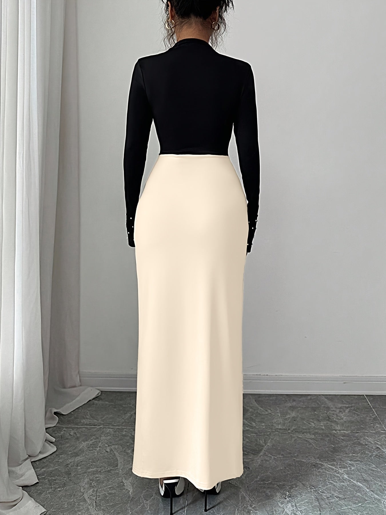 Women's Winter Long Evening Gown with Pearl & Color-Block Collar - Long Sleeve A-Line Dress Suitable for Christmas, New Year's Eve, Weddings, Proms - Elegant Party & Commuting Attire - Machine Washable High Elasticity Dress