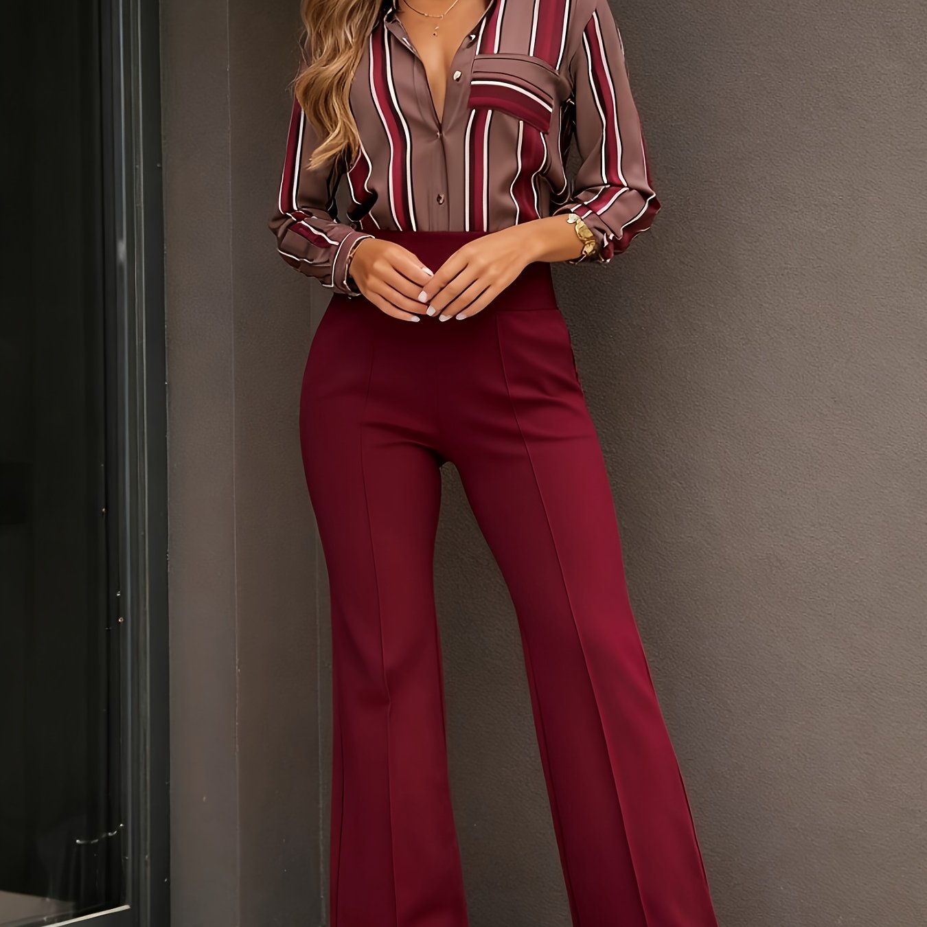 Pantalon Femme Bordeaux Taille Haute – Jambe Évasée, Longueur Cheville, Rayures Verticales, Tous Saisons, Bureau et Décontracté