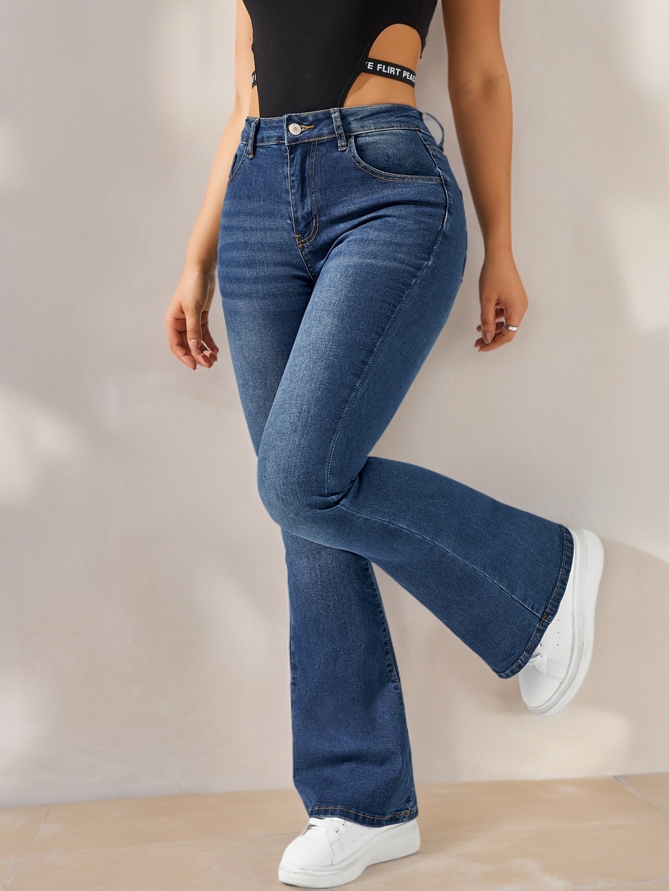 Pantalon Femme Bleu Extensible Taille Haute Évasé Polyvalent Design Moustaches de Chat