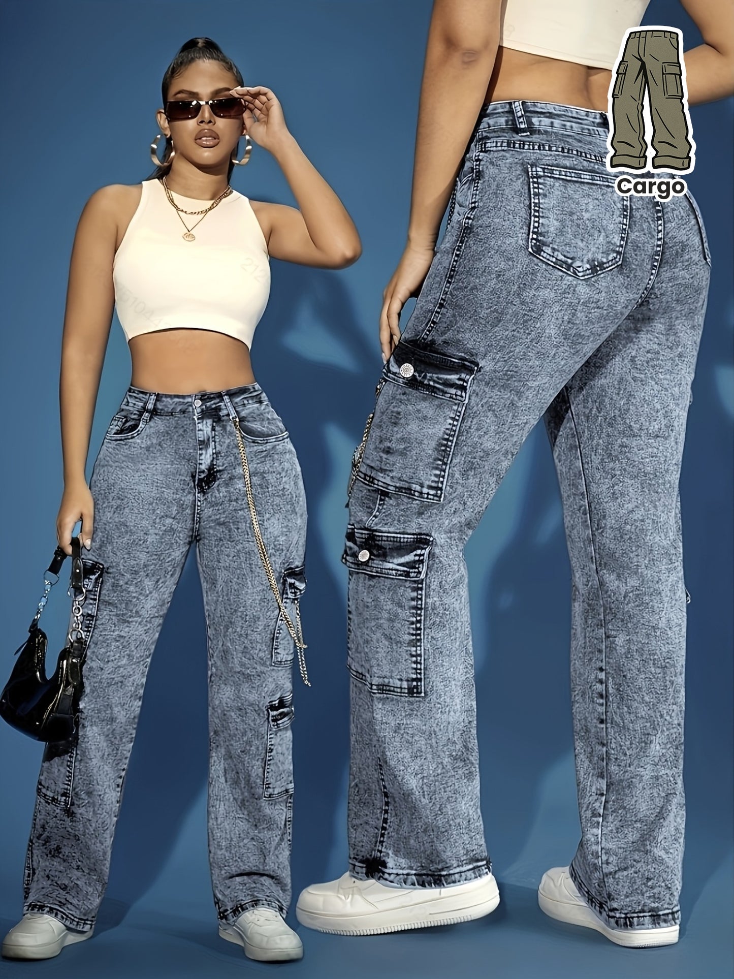 Pantalon Cargo Femme en Denim Extensible Taille Haute – Style Vintage Déchiré, Multiples Poches avec Accents Chaîne Métallique, Coupe Droite