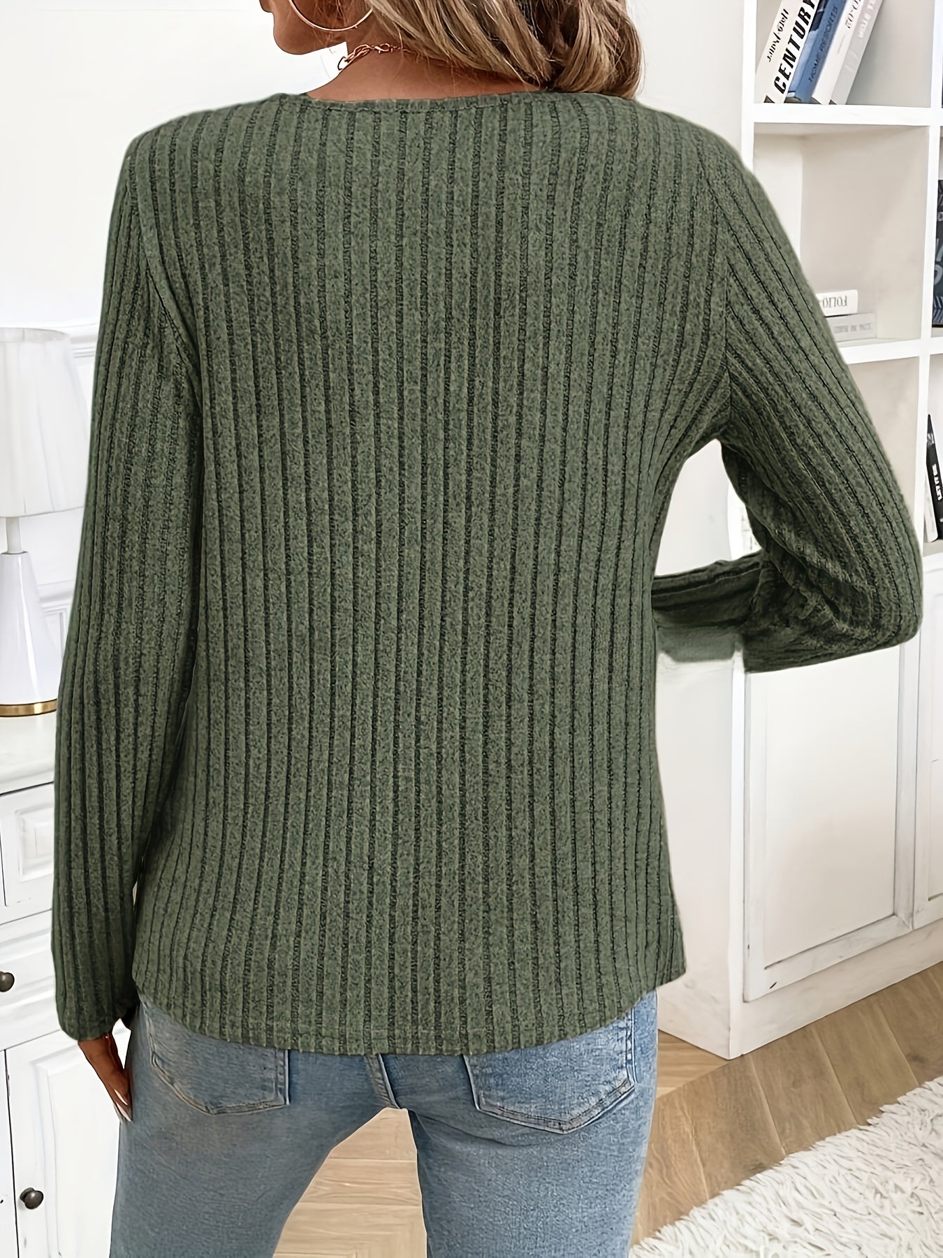 Ensemble 2 pièces pour femmes – T-shirts à manches longues, col en V, côtelé, couleur unie, automne