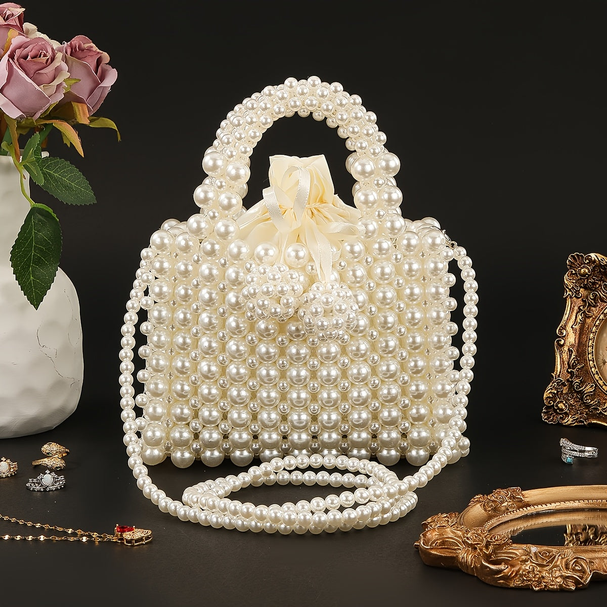 Pochette Élégante Bohème Perles – Avec Bandoulière Amovible, Design en Perles Plastique Fait Main, Quincaillerie Dorée, Parfaite pour Fêtes, Vacances et Événements Formels, Pochette de Soirée, Style Bohème, Pochette Durable en PU