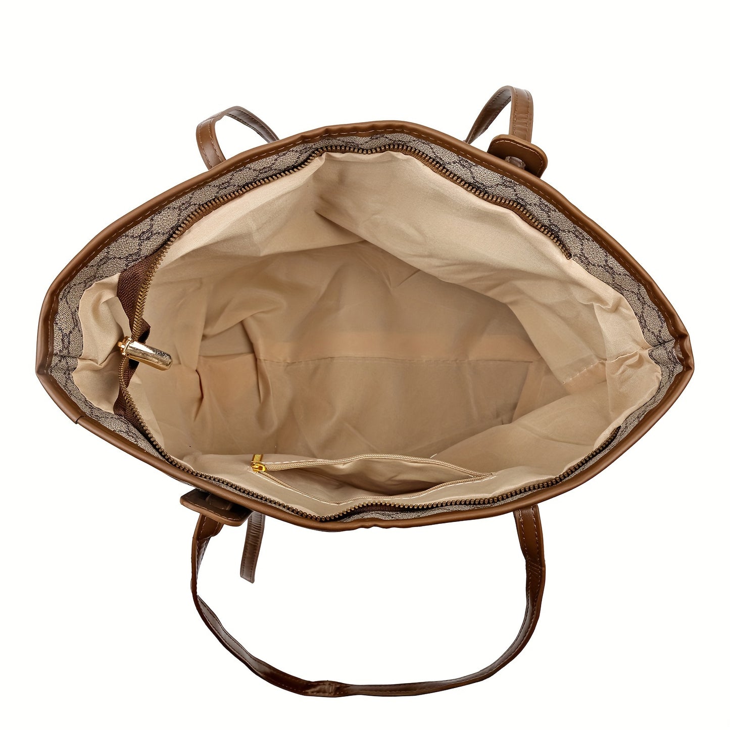 Sac fourre-tout femme avec portefeuille, grande capacité, motif géométrique, fermeture éclair, polyester, marron